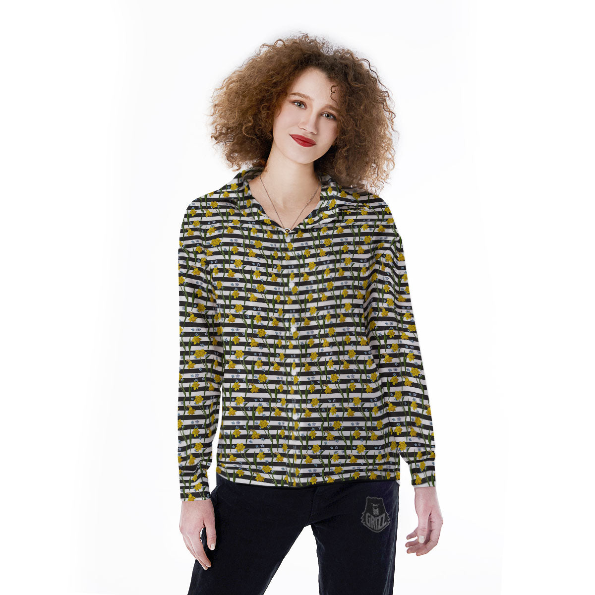 Daffodil Black Striped Print Pattern Women's Long Sleeve Shirts-grizzshop