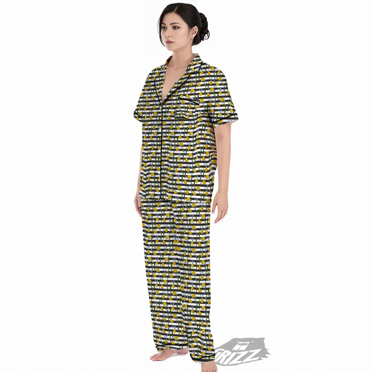 Daffodil Black Striped Print Pattern Women's Pajamas Set-grizzshop