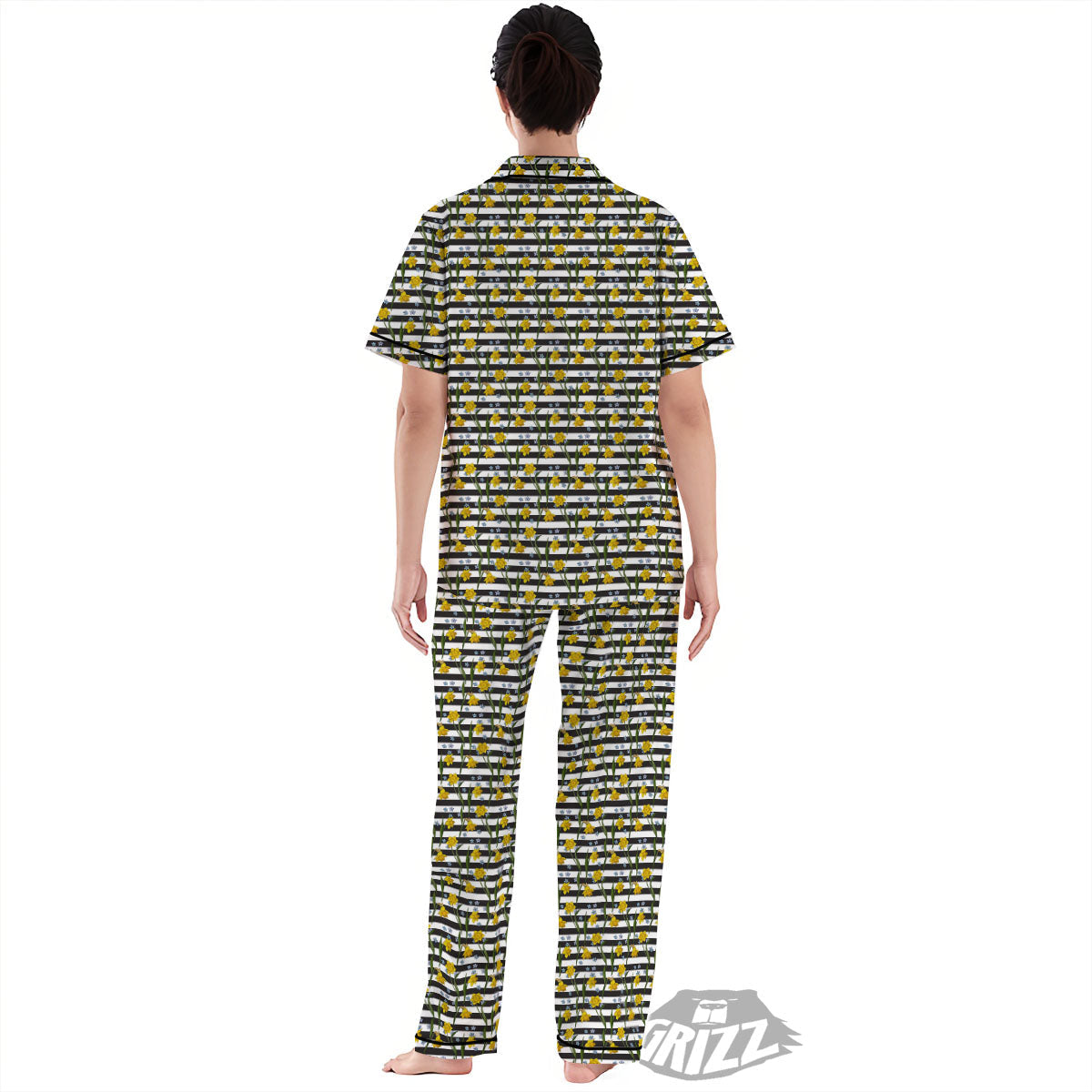 Daffodil Black Striped Print Pattern Women's Pajamas Set-grizzshop