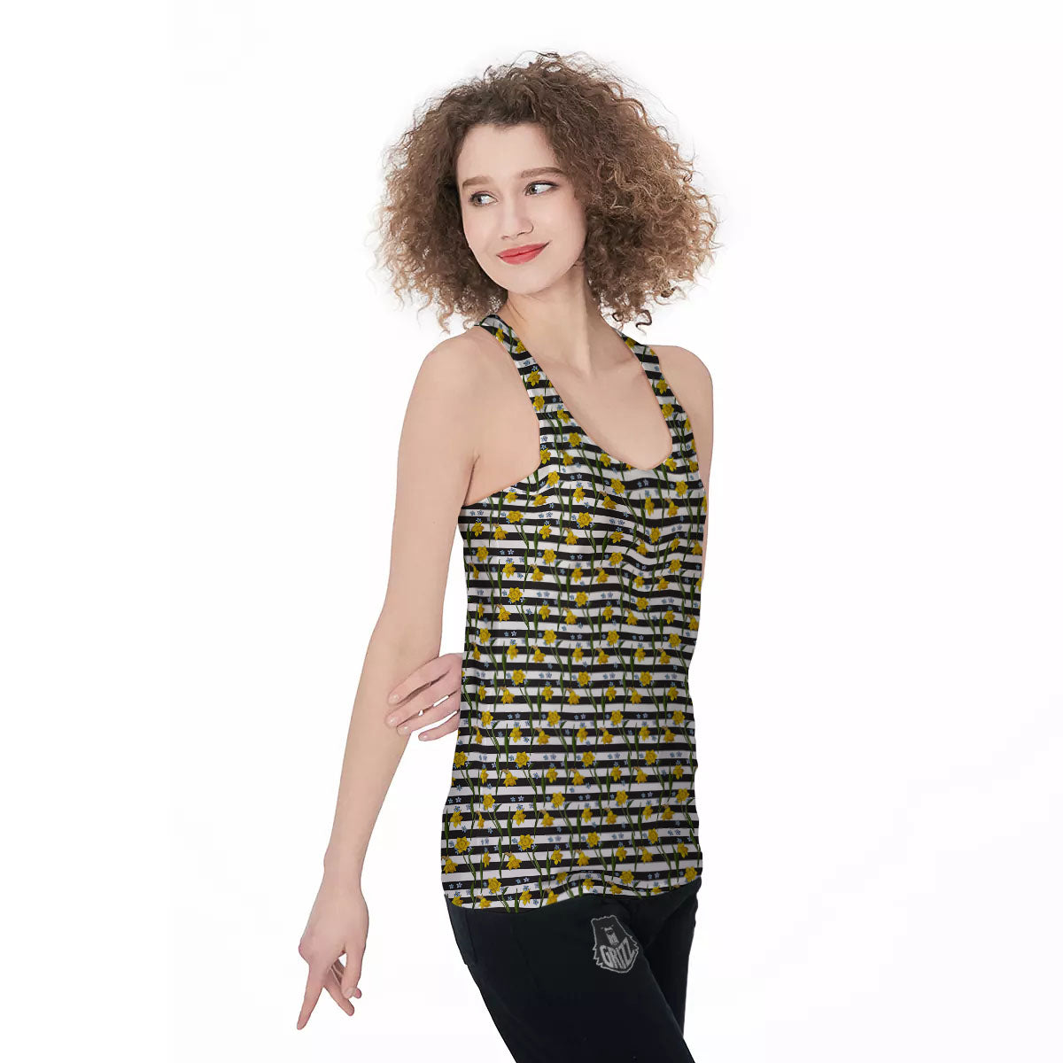 Daffodil Black Striped Print Pattern Women's Racerback Tank Top-grizzshop
