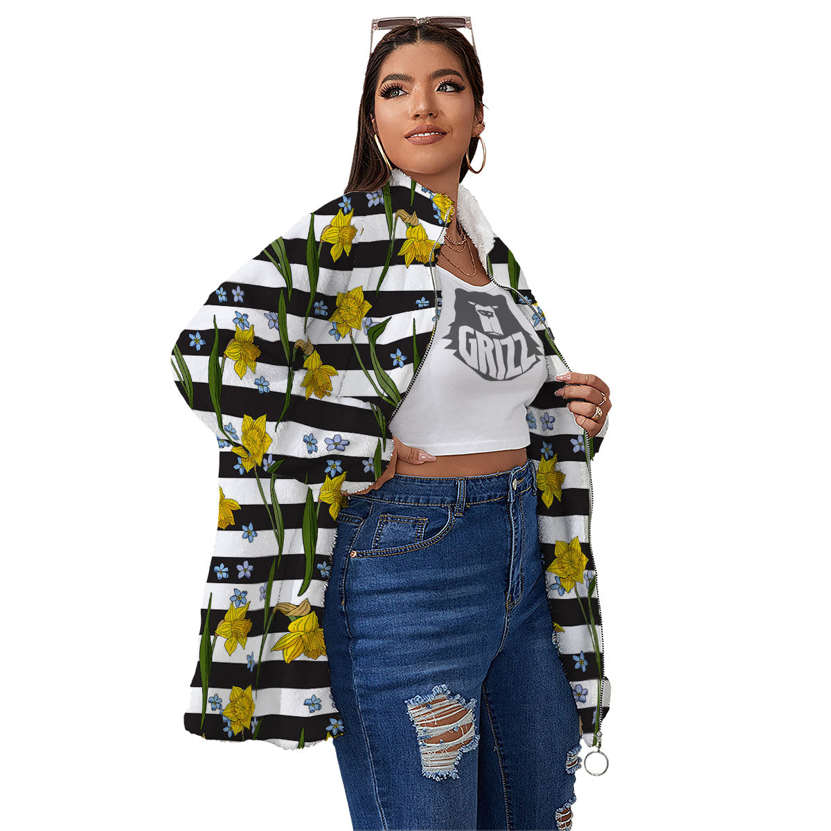 Daffodil Black Striped Print Pattern Women's Sherpa Jacket-grizzshop