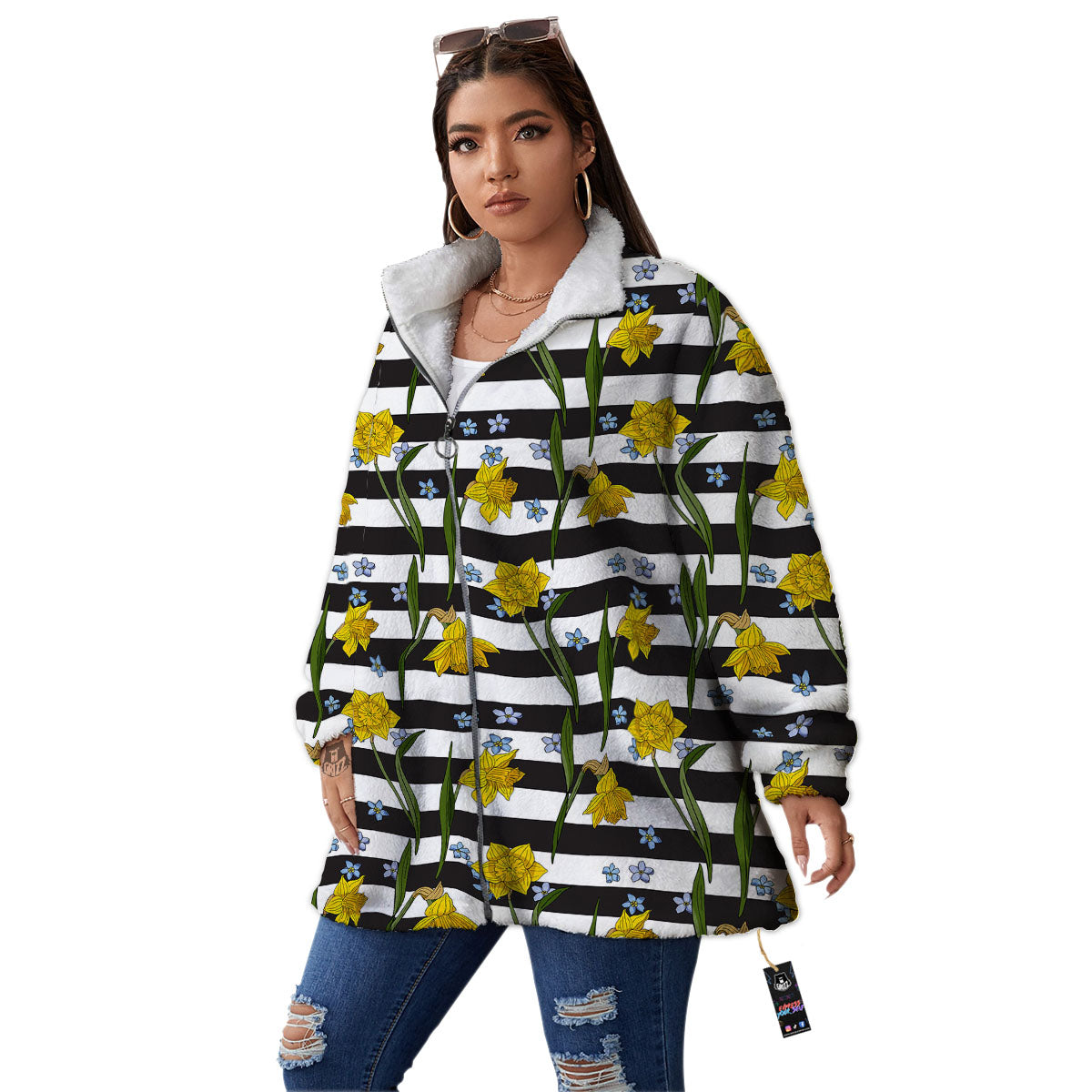 Daffodil Black Striped Print Pattern Women's Sherpa Jacket-grizzshop
