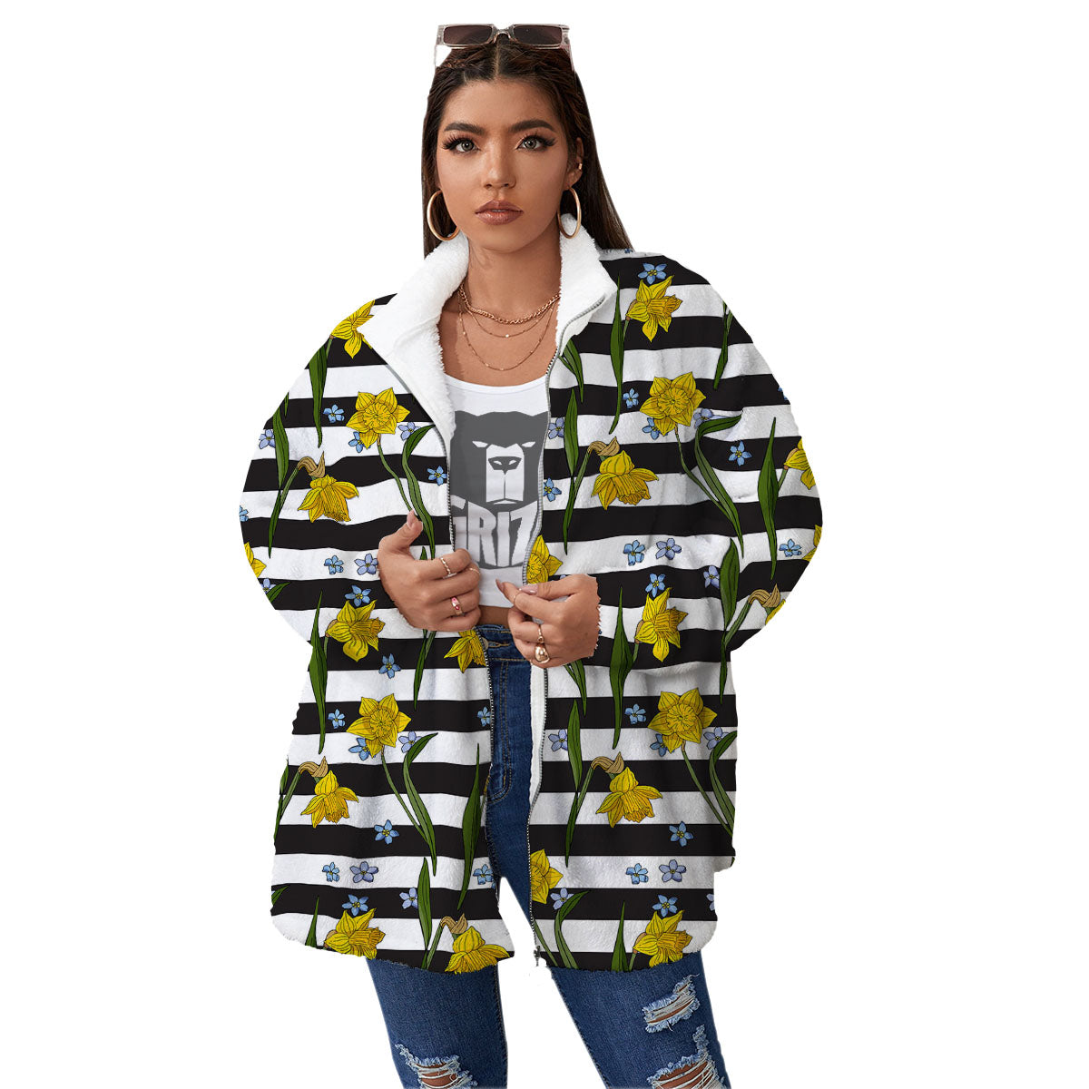 Daffodil Black Striped Print Pattern Women's Sherpa Jacket-grizzshop