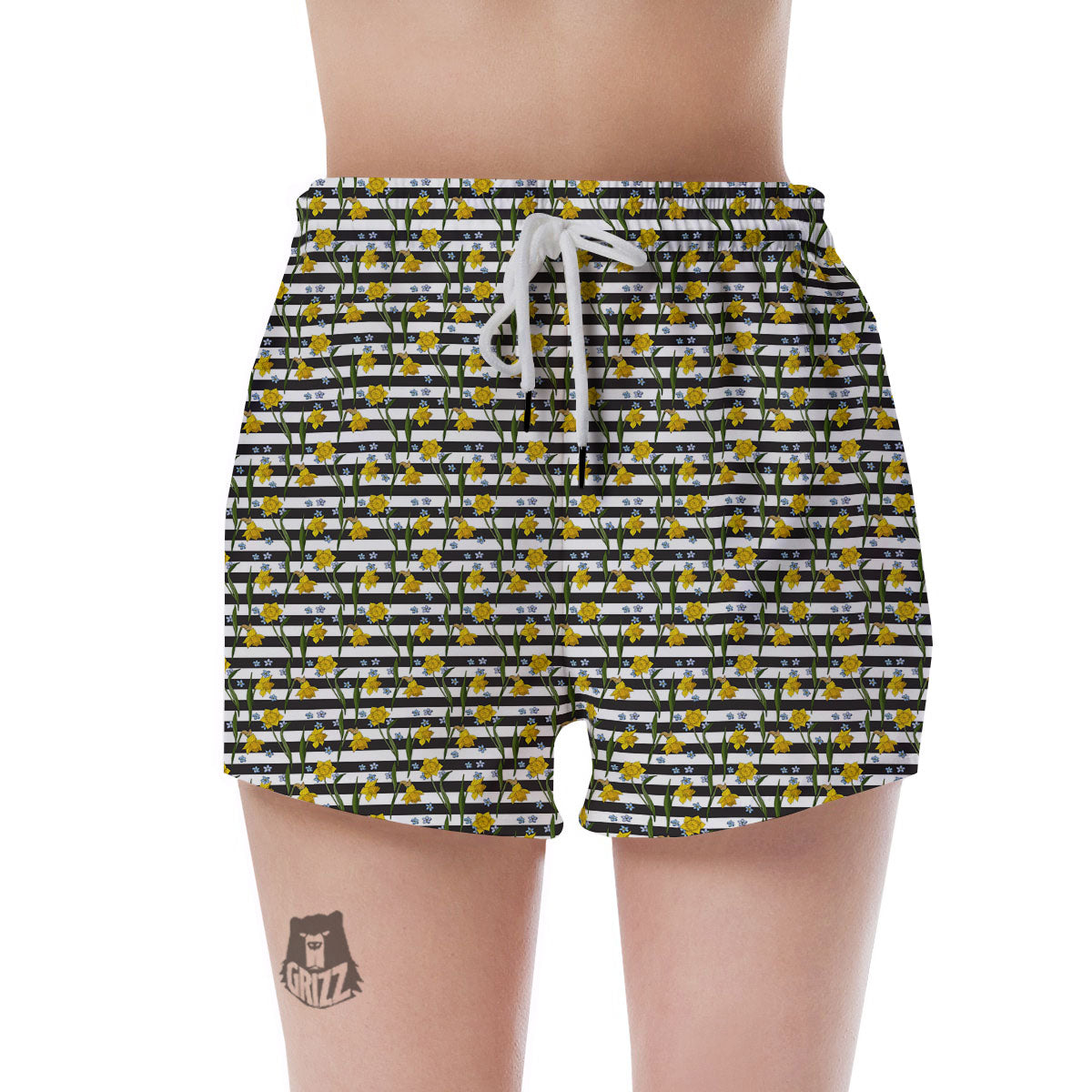 Daffodil Black Striped Print Pattern Women's Shorts-grizzshop