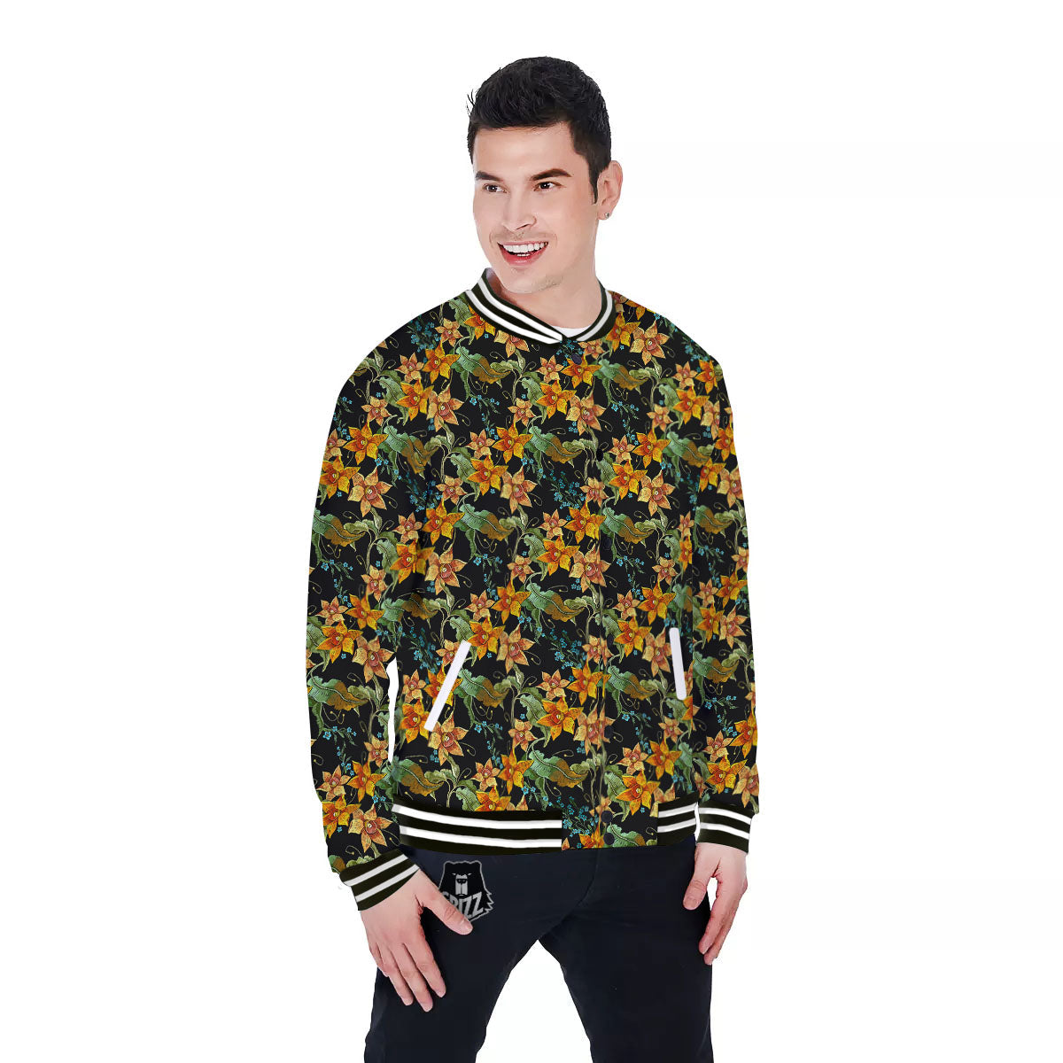 Daffodil Yellow And Black Print Pattern Baseball Jacket-grizzshop