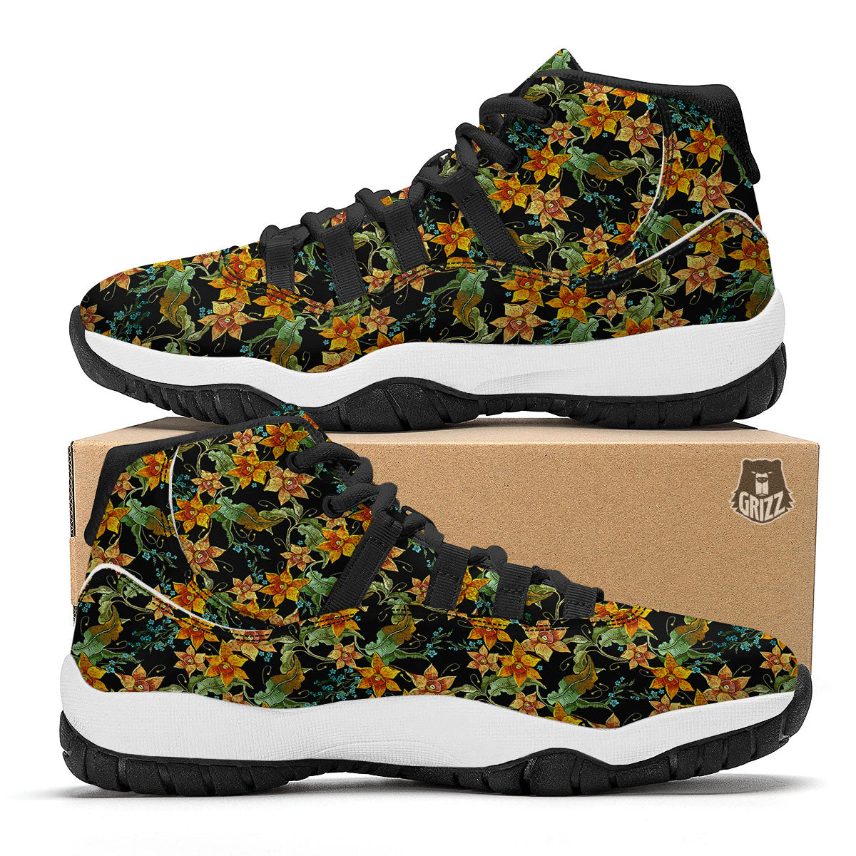 Daffodil Yellow And Black Print Pattern Black Bball Shoes-grizzshop