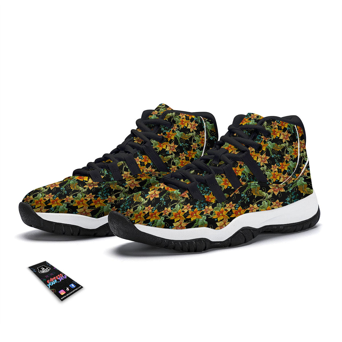 Daffodil Yellow And Black Print Pattern Black Bball Shoes-grizzshop