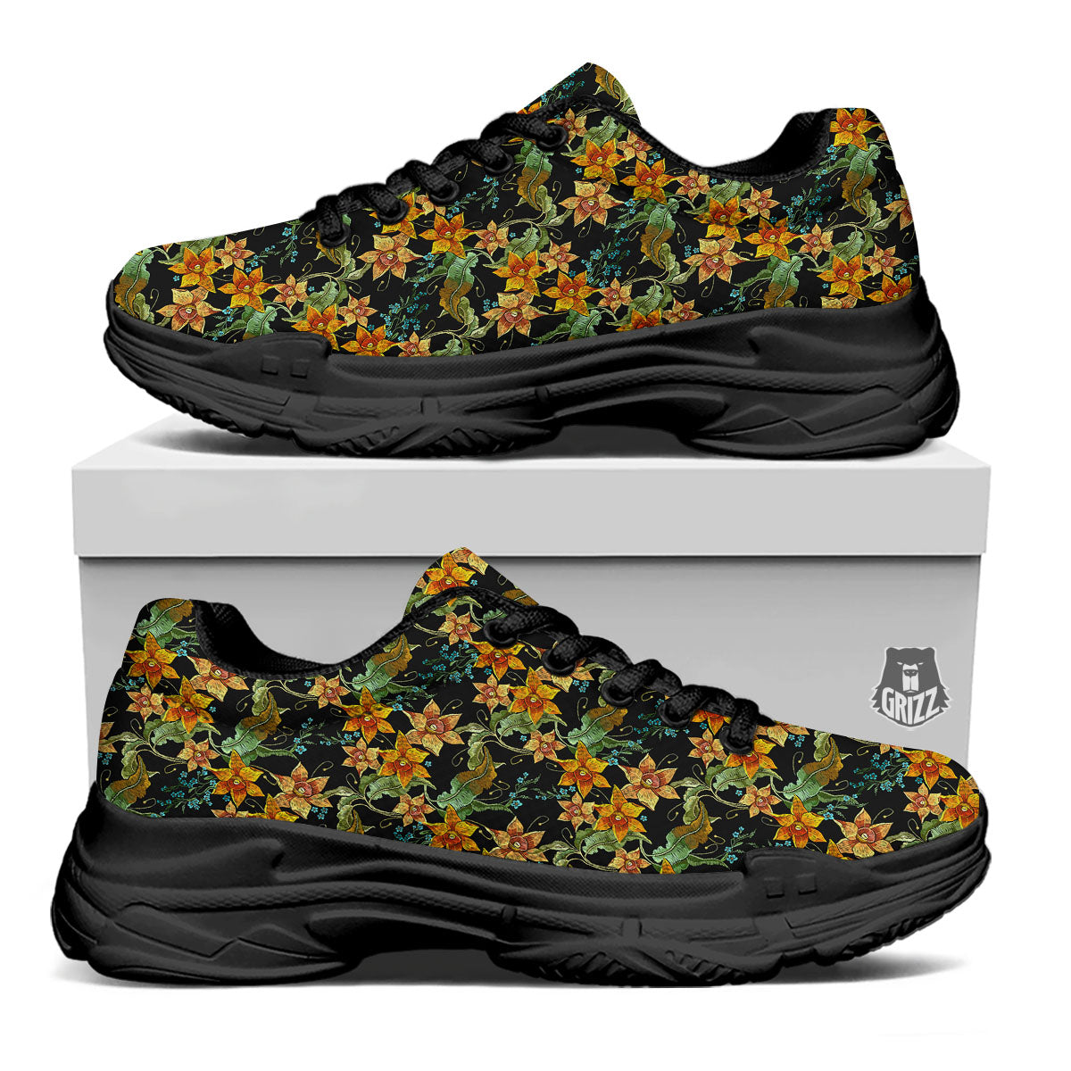 Daffodil Yellow And Black Print Pattern Black Chunky Shoes-grizzshop