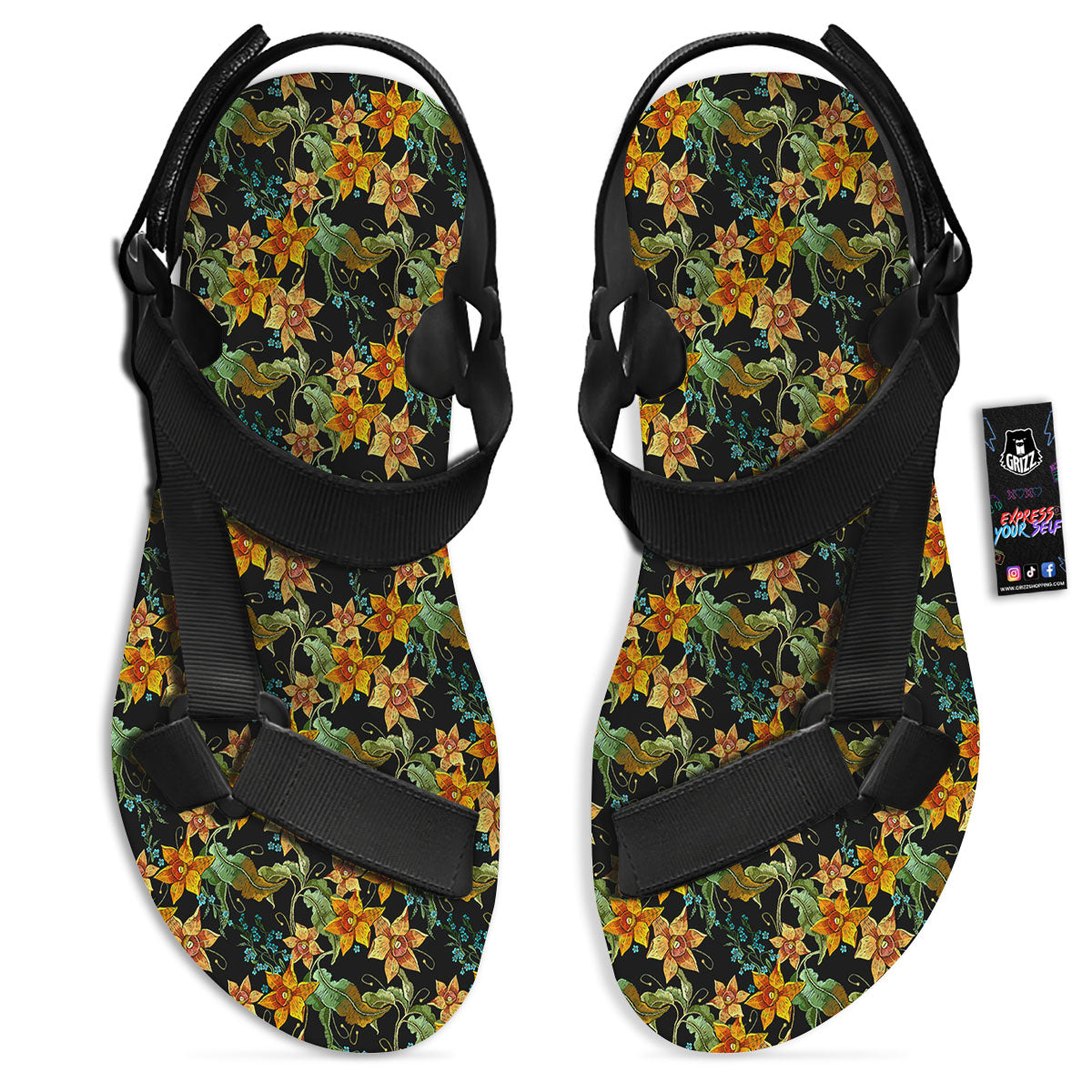 Daffodil Yellow And Black Print Pattern Black Open Toe Sandals-grizzshop