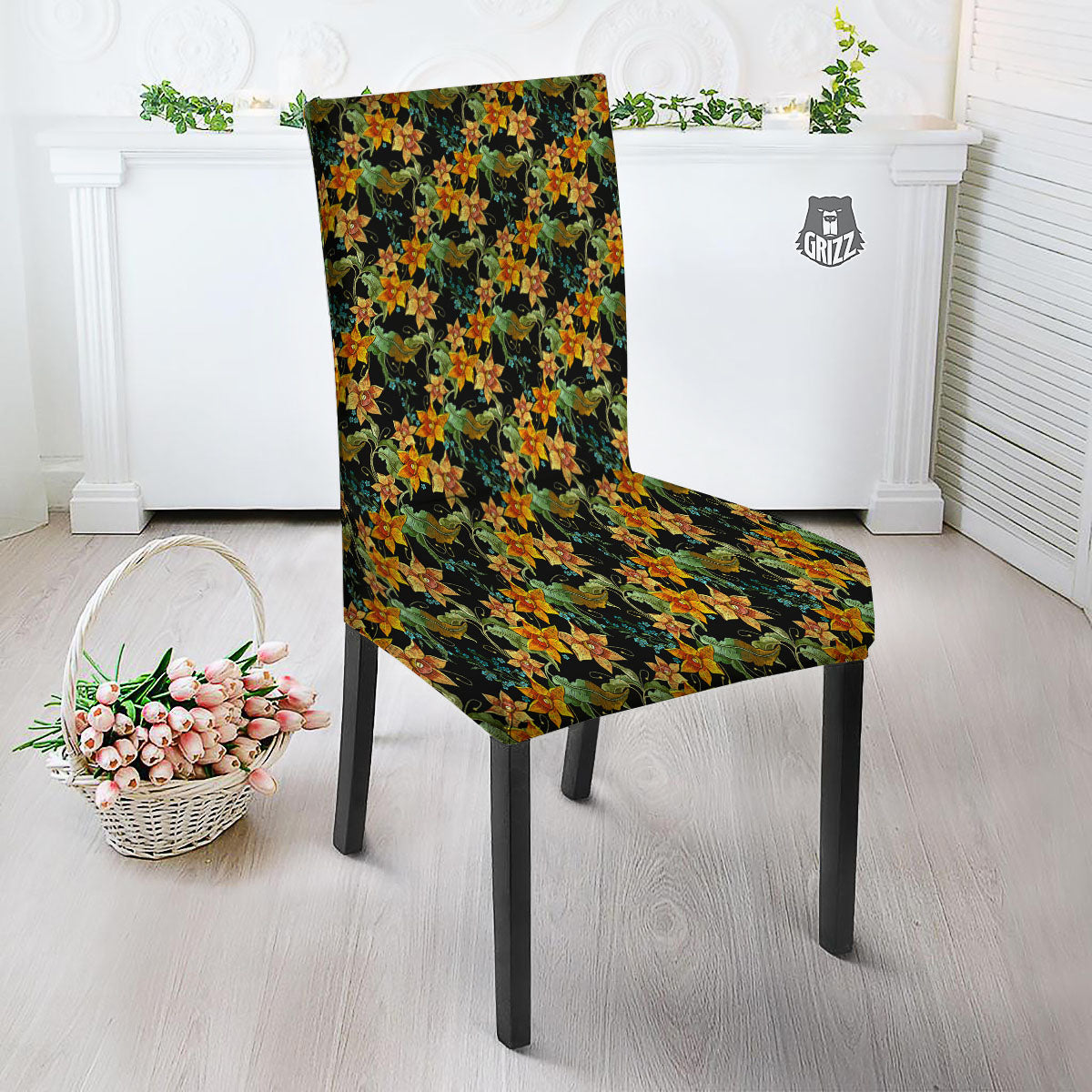 Daffodil Yellow And Black Print Pattern Dining Chair Slipcover-grizzshop
