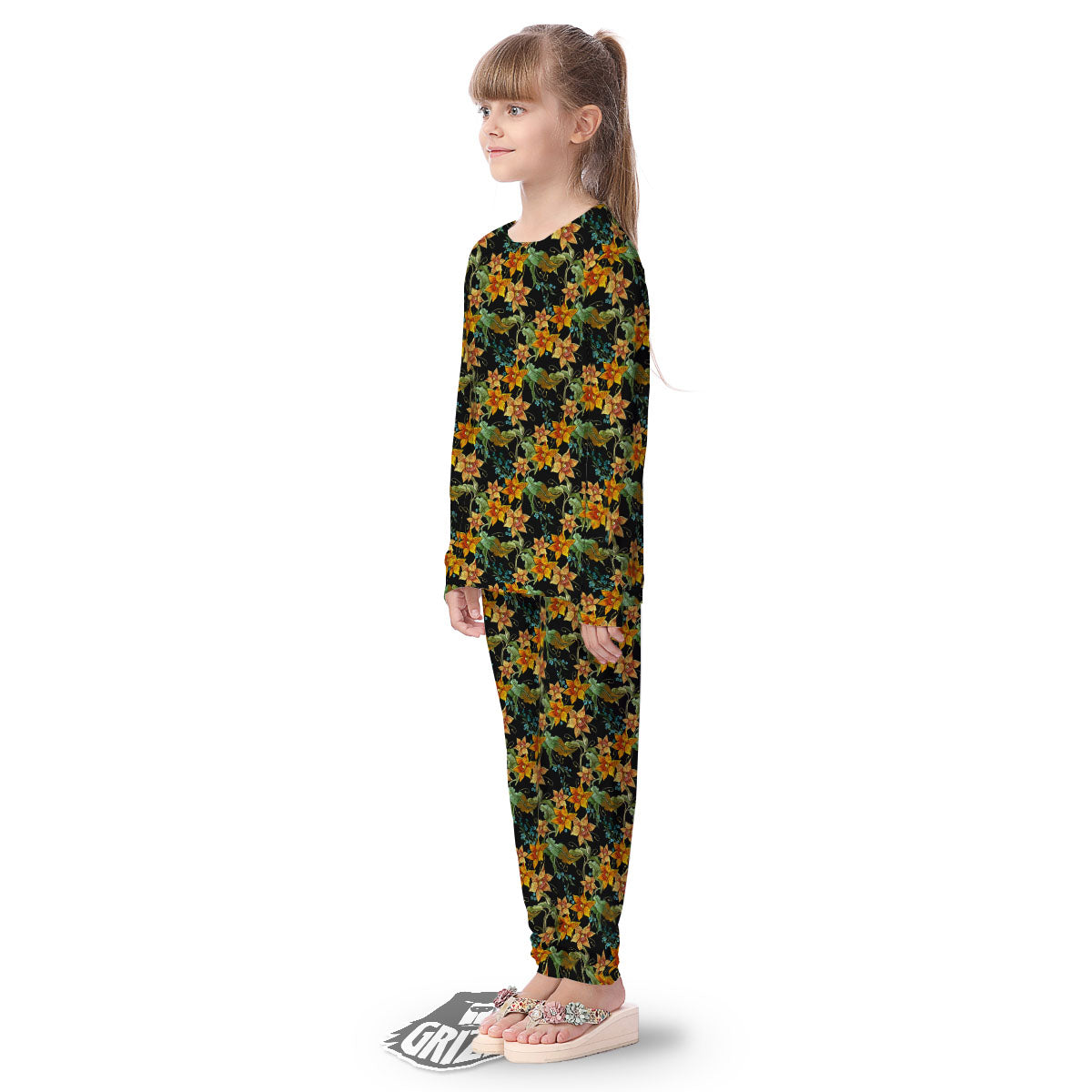 Daffodil Yellow And Black Print Pattern Kid's Pajamas-grizzshop