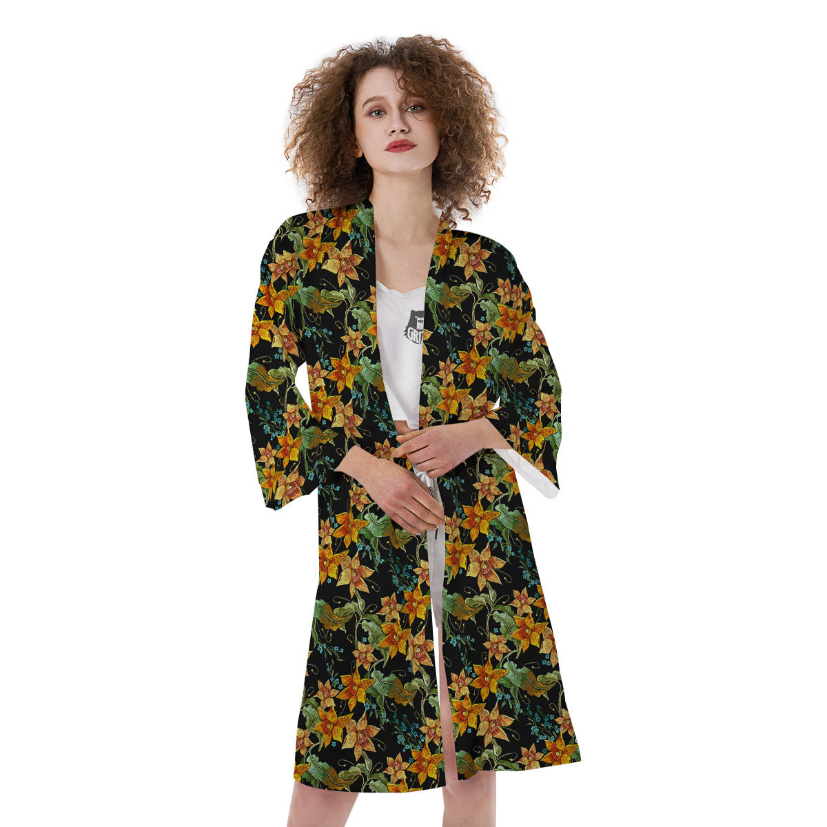 Daffodil Yellow And Black Print Pattern Kimono-grizzshop