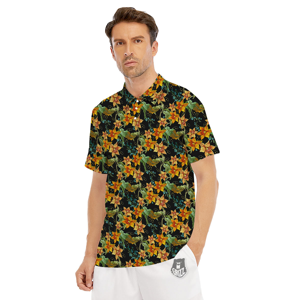 Daffodil Yellow And Black Print Pattern Men's Golf Shirts-grizzshop