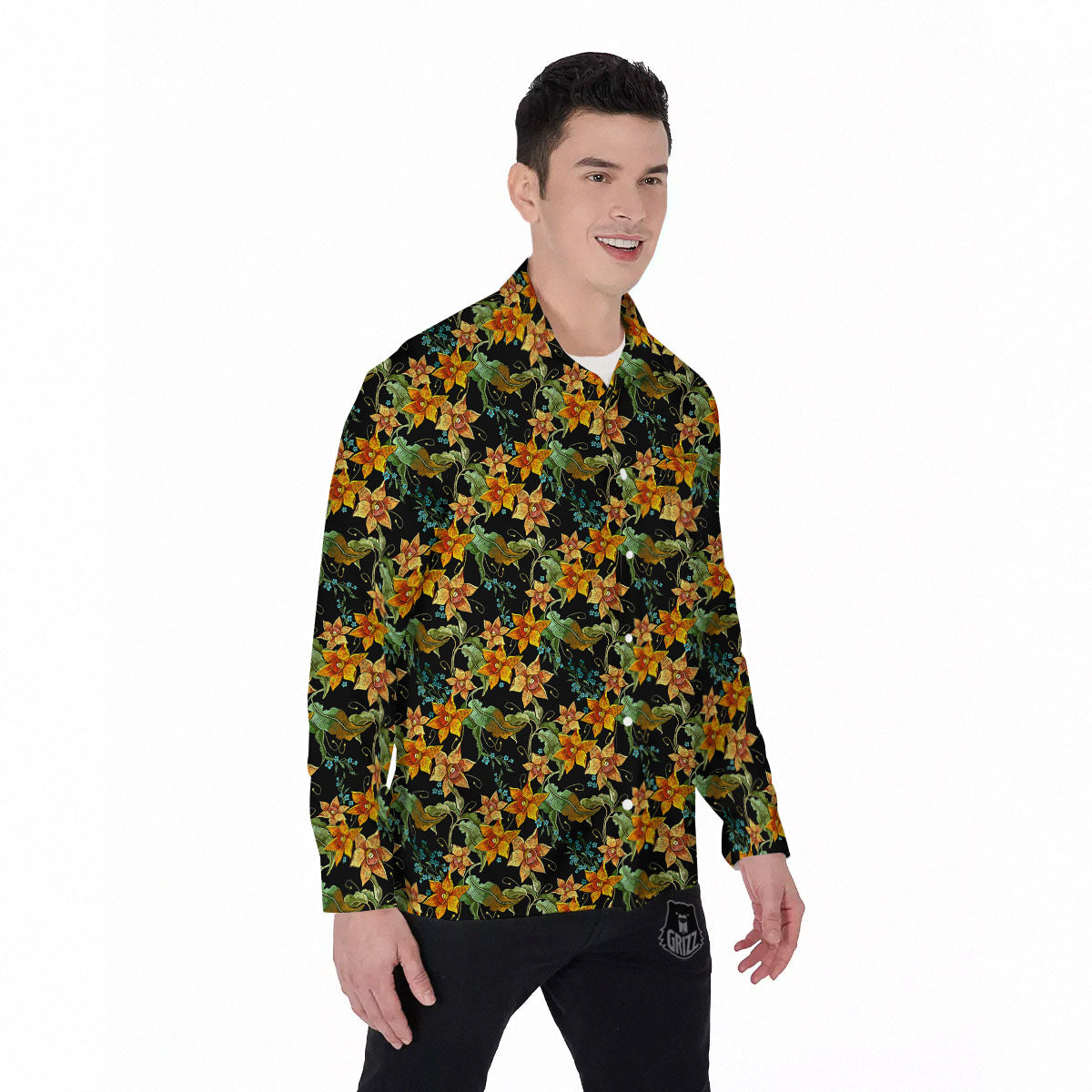 Daffodil Yellow And Black Print Pattern Men's Long Sleeve Shirts-grizzshop