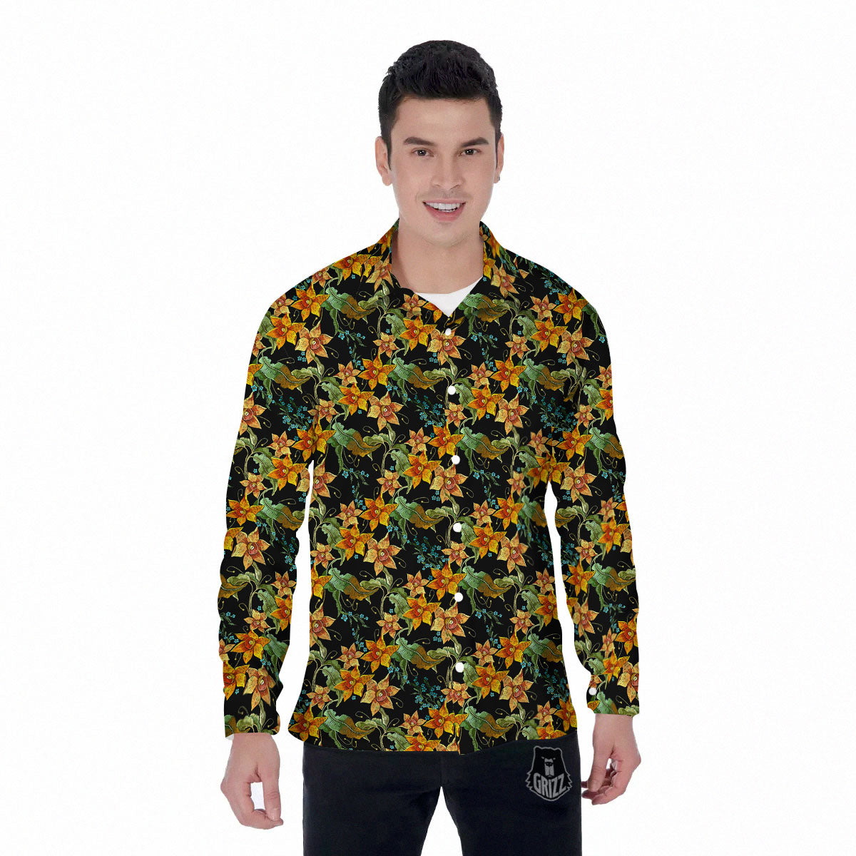 Daffodil Yellow And Black Print Pattern Men's Long Sleeve Shirts-grizzshop