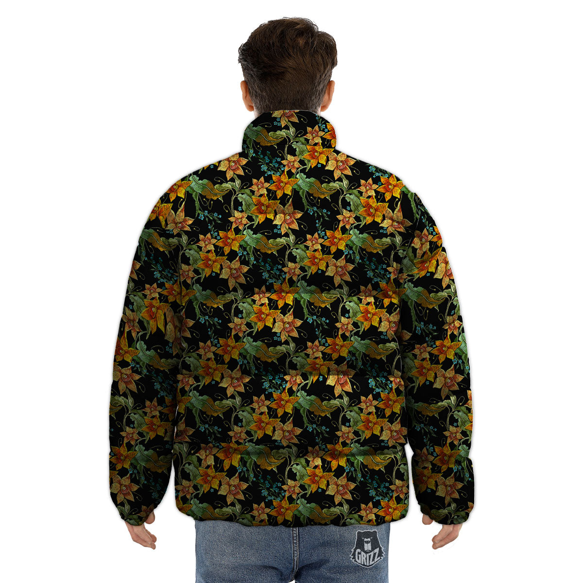 Daffodil Yellow And Black Print Pattern Puffer Jacket-grizzshop