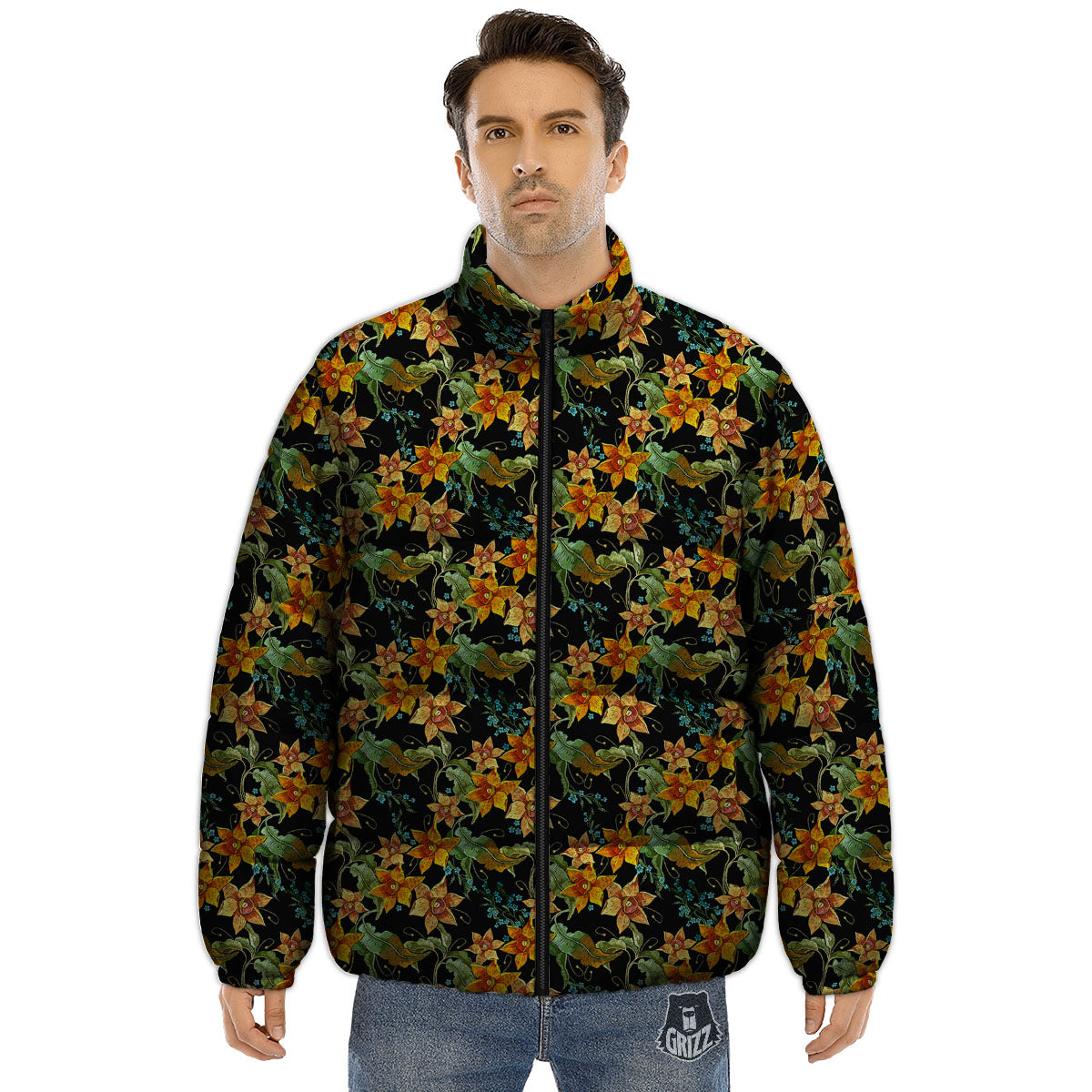 Daffodil Yellow And Black Print Pattern Puffer Jacket-grizzshop