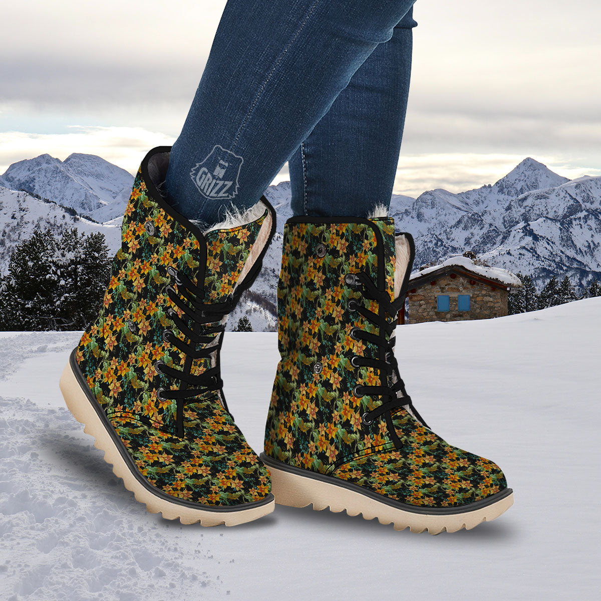 Daffodil Yellow And Black Print Pattern Snow Boots-grizzshop