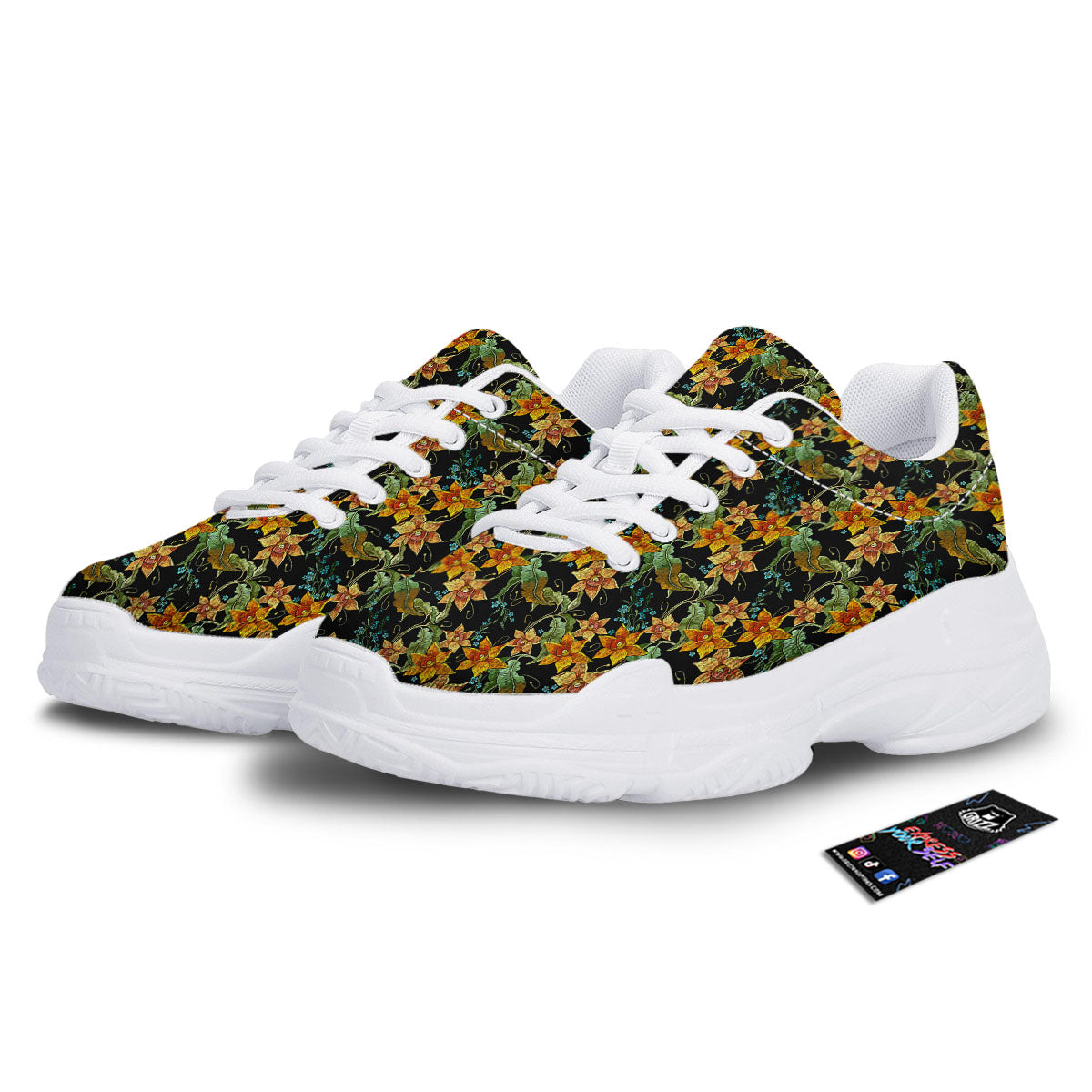 Daffodil Yellow And Black Print Pattern White Chunky Shoes-grizzshop