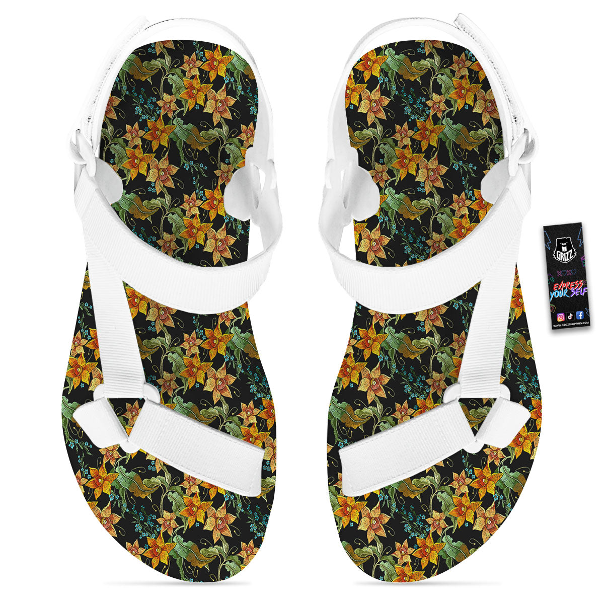 Daffodil Yellow And Black Print Pattern White Open Toe Sandals-grizzshop