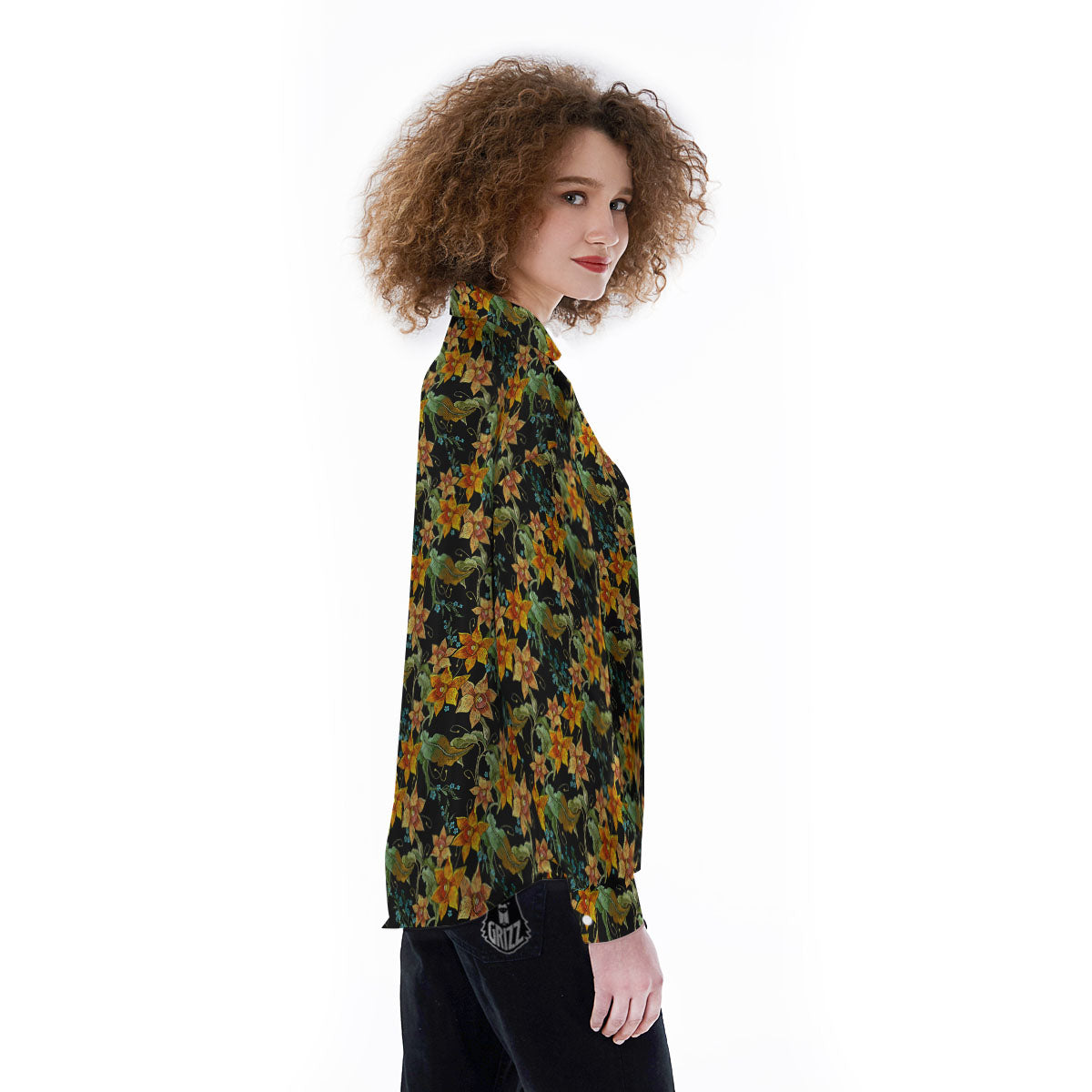 Daffodil Yellow And Black Print Pattern Women's Long Sleeve Shirts-grizzshop