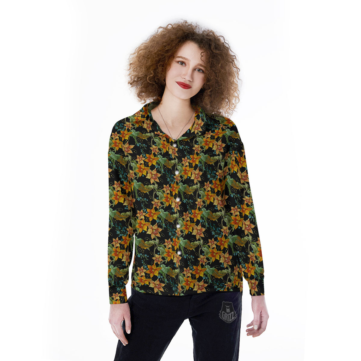 Daffodil Yellow And Black Print Pattern Women's Long Sleeve Shirts-grizzshop