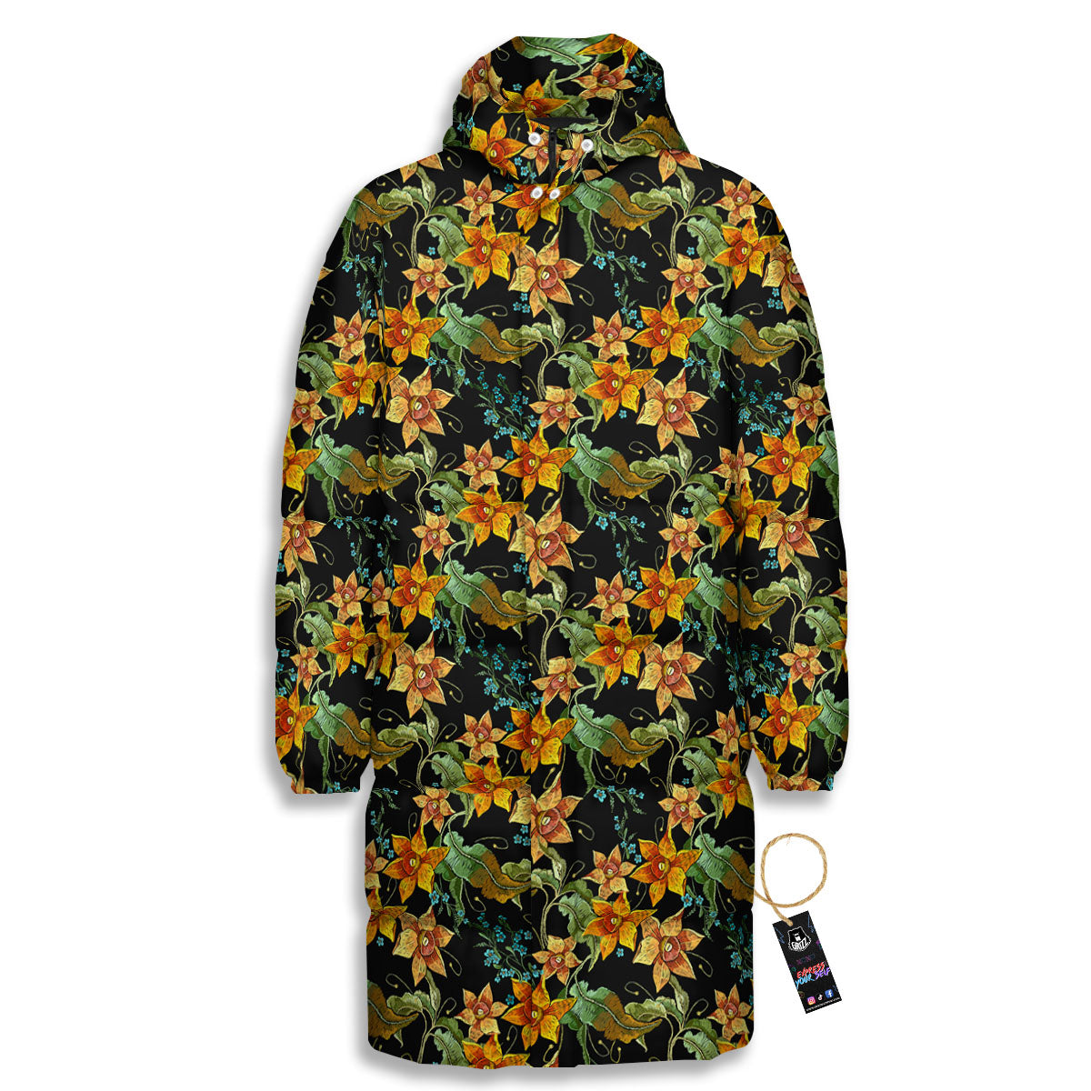 Daffodil Yellow And Black Print Pattern Long Down Jacket