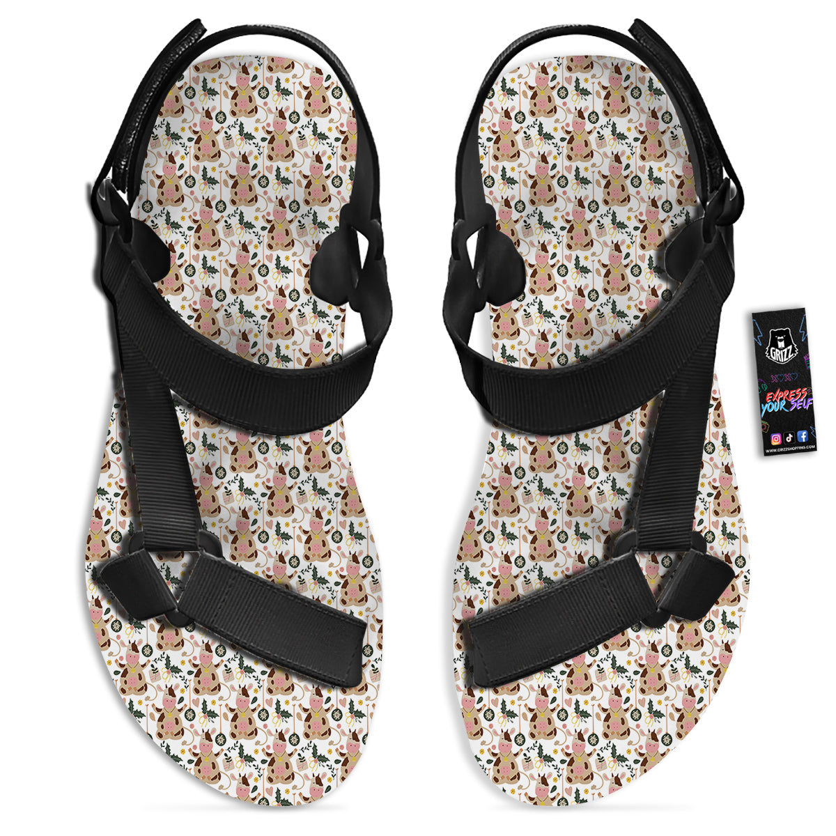 Dairy Cow Cartoon Happy Print Pattern Black Open Toe Sandals-grizzshop