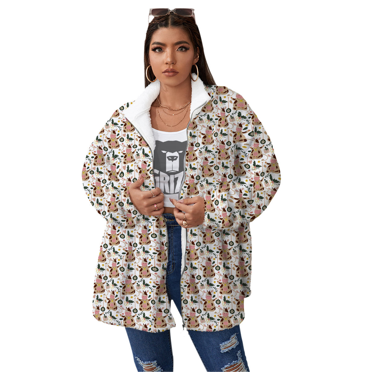 Dairy Cow Cartoon Happy Print Pattern Women's Sherpa Jacket-grizzshop
