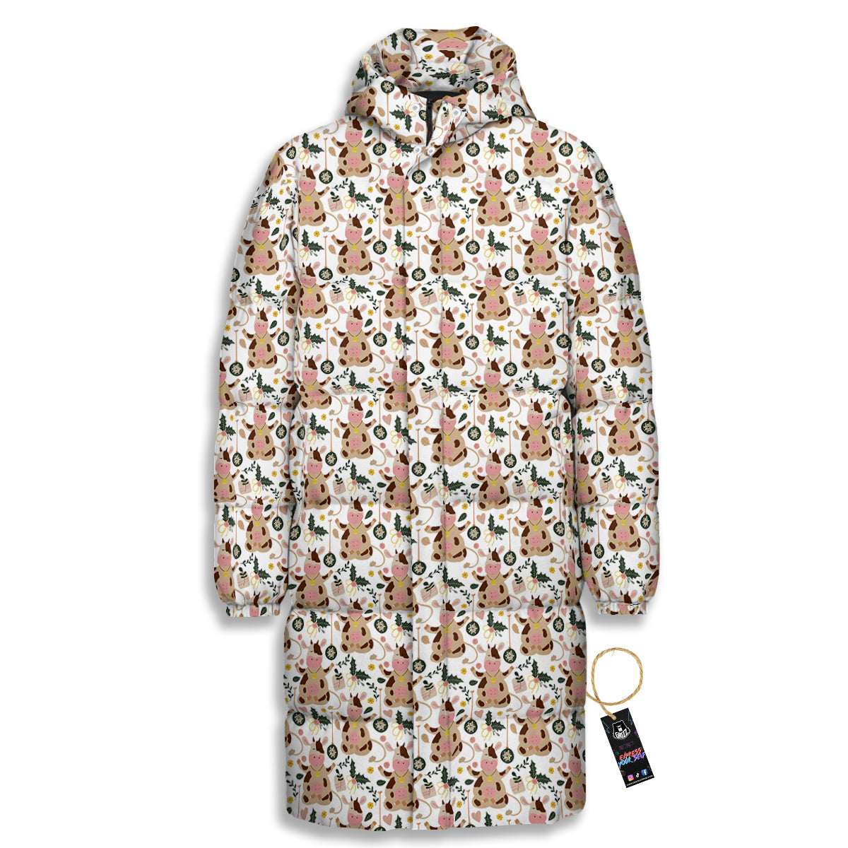 Dairy Cow Cartoon Happy Print Pattern Long Down Jacket