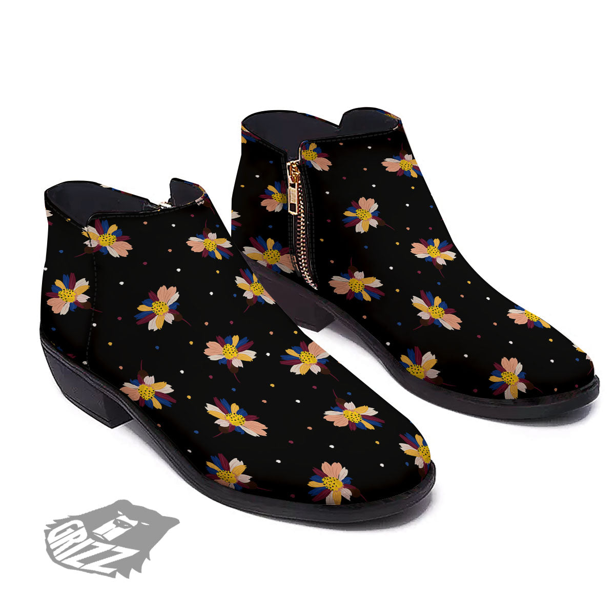 Daisy Floral Polka Dot Print Pattern Ankle Boots-grizzshop