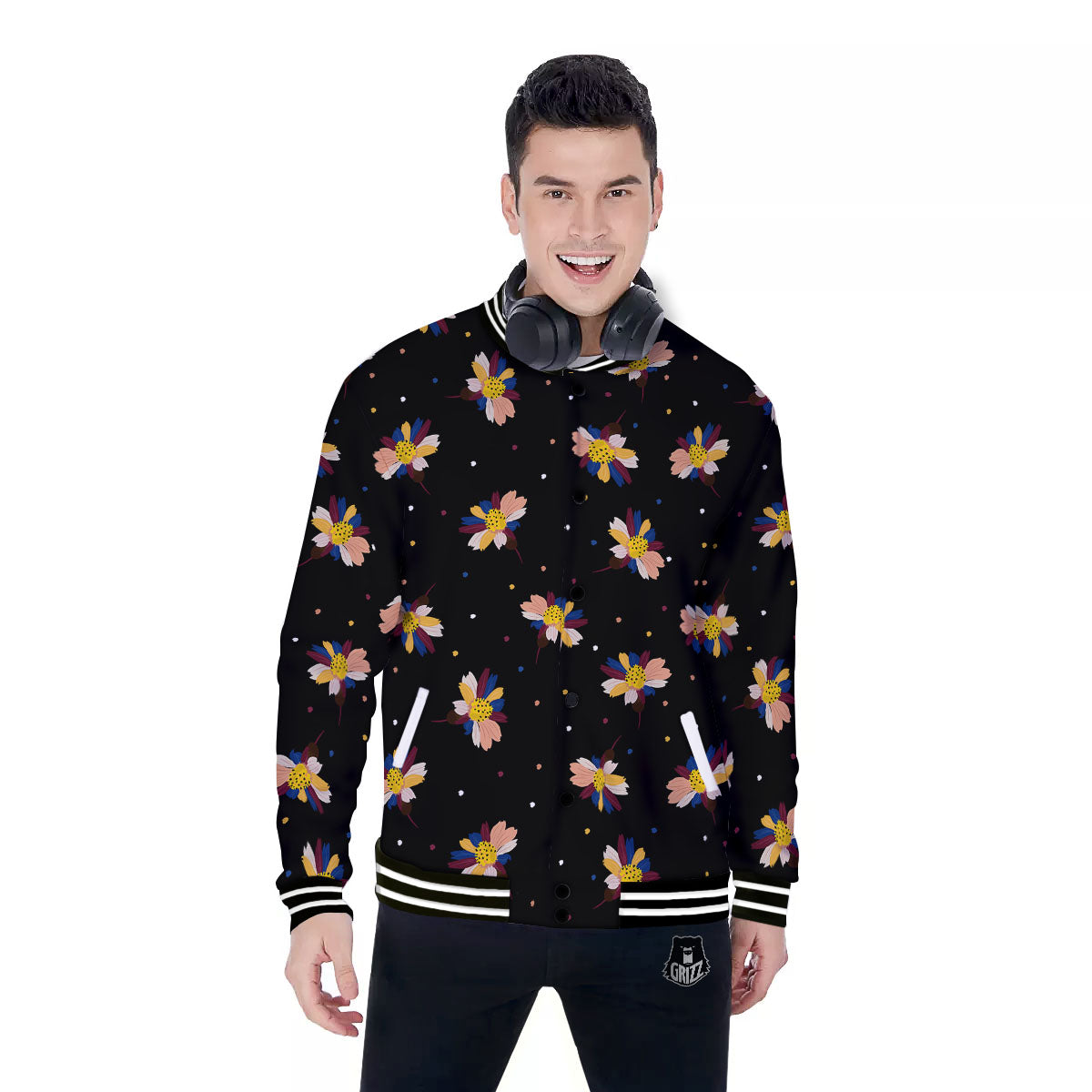 Daisy Floral Polka Dot Print Pattern Baseball Jacket-grizzshop