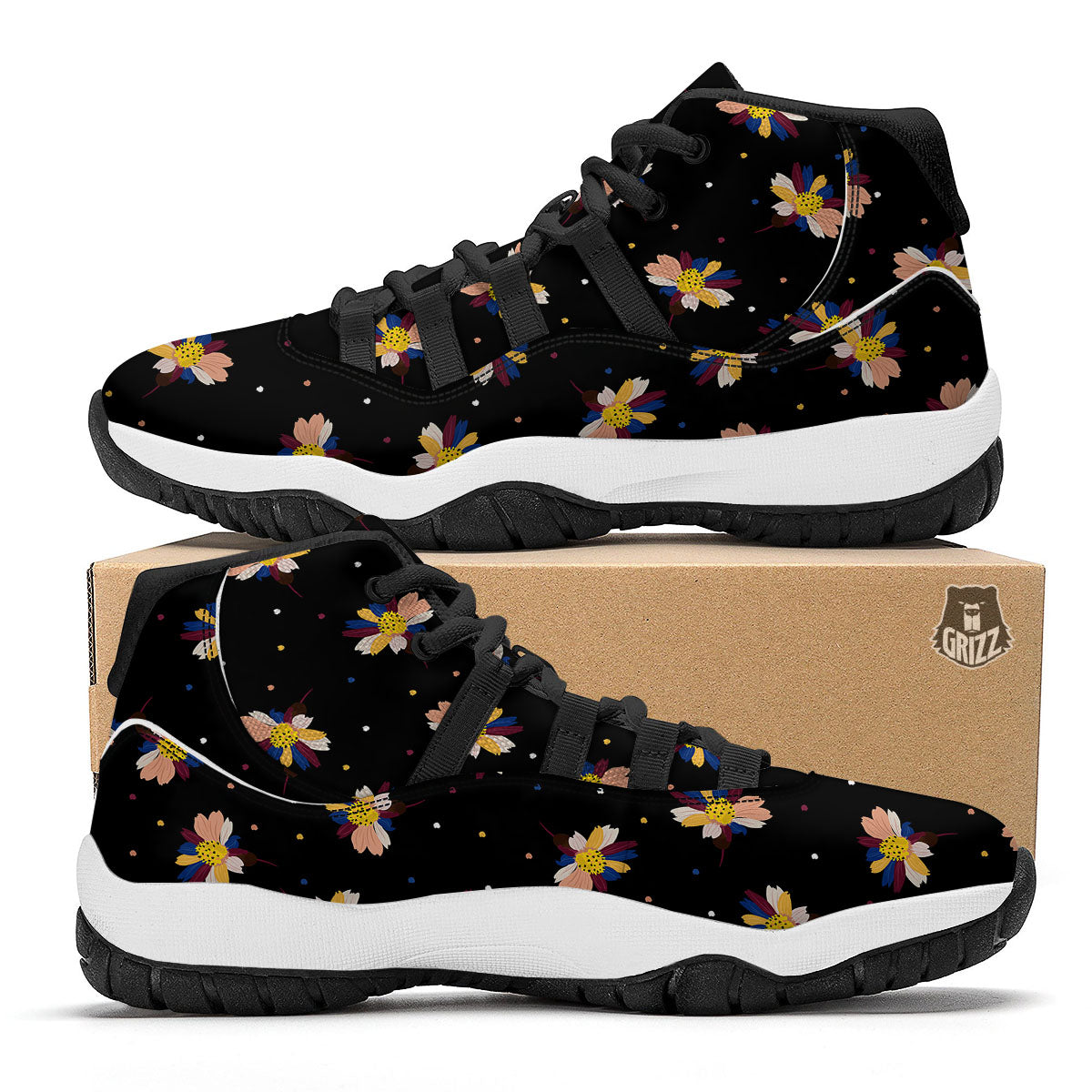 Daisy Floral Polka Dot Print Pattern Black Bball Shoes-grizzshop