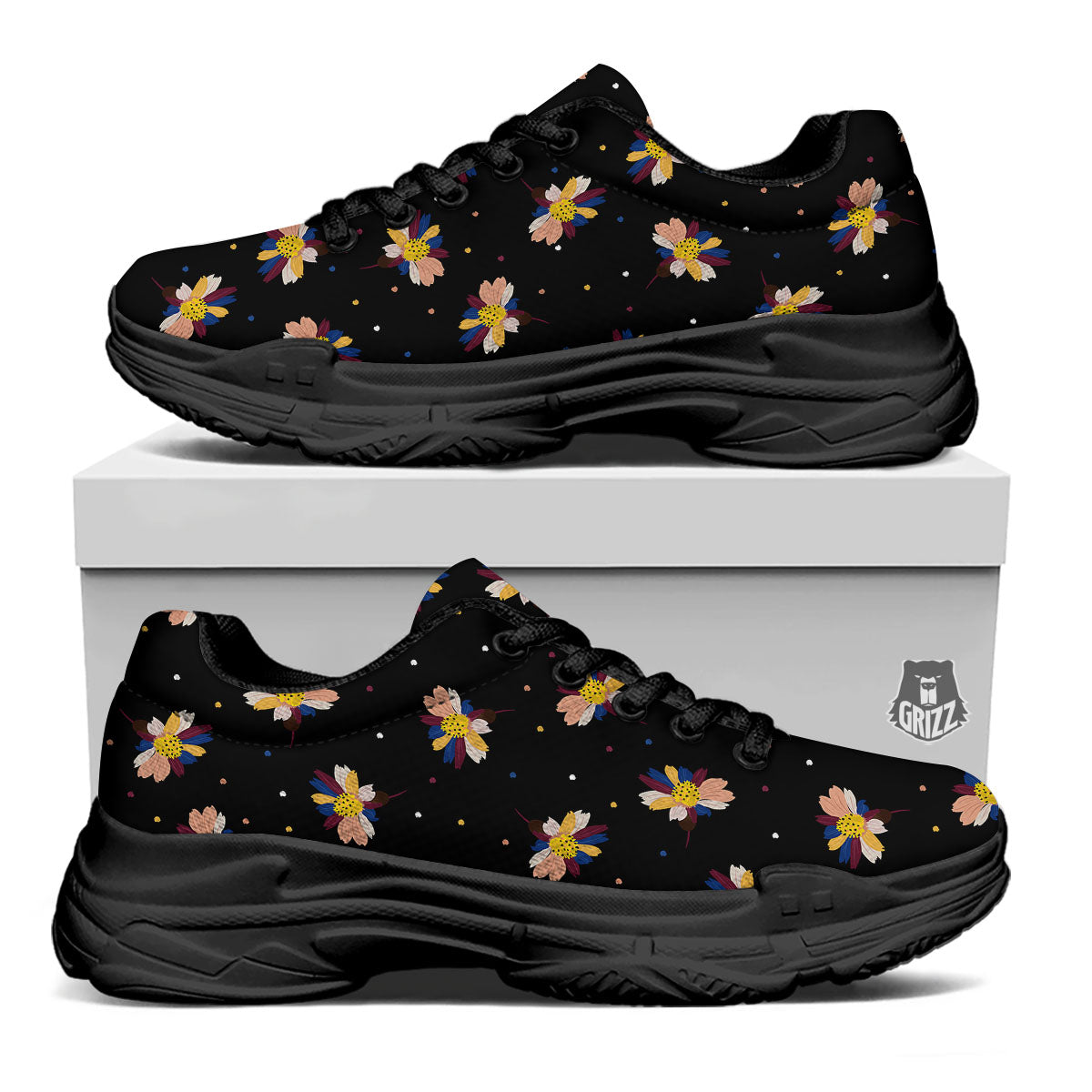Daisy Floral Polka Dot Print Pattern Black Chunky Shoes-grizzshop