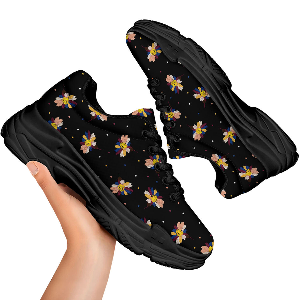 Daisy Floral Polka Dot Print Pattern Black Chunky Shoes-grizzshop