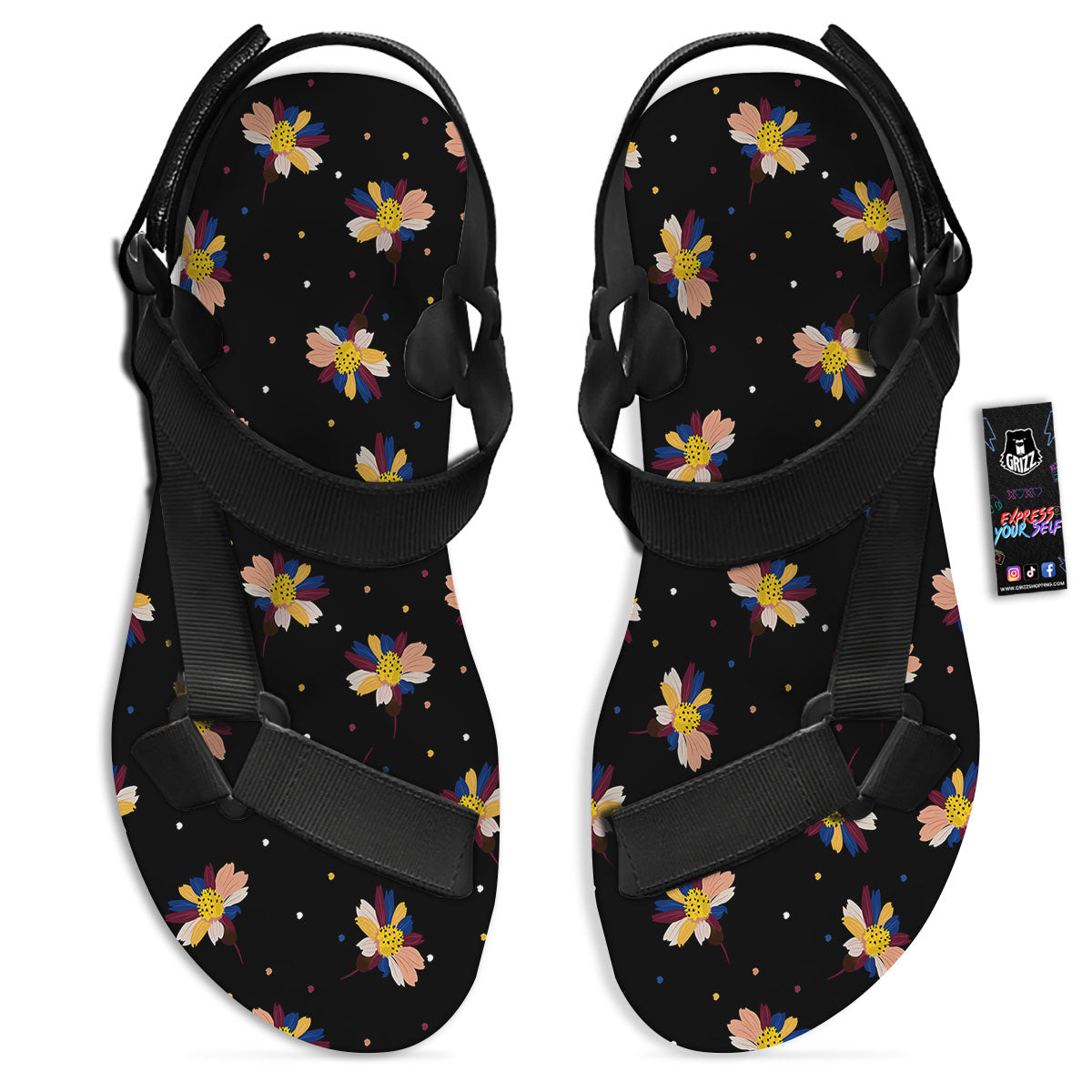 Daisy Floral Polka Dot Print Pattern Black Open Toe Sandals-grizzshop