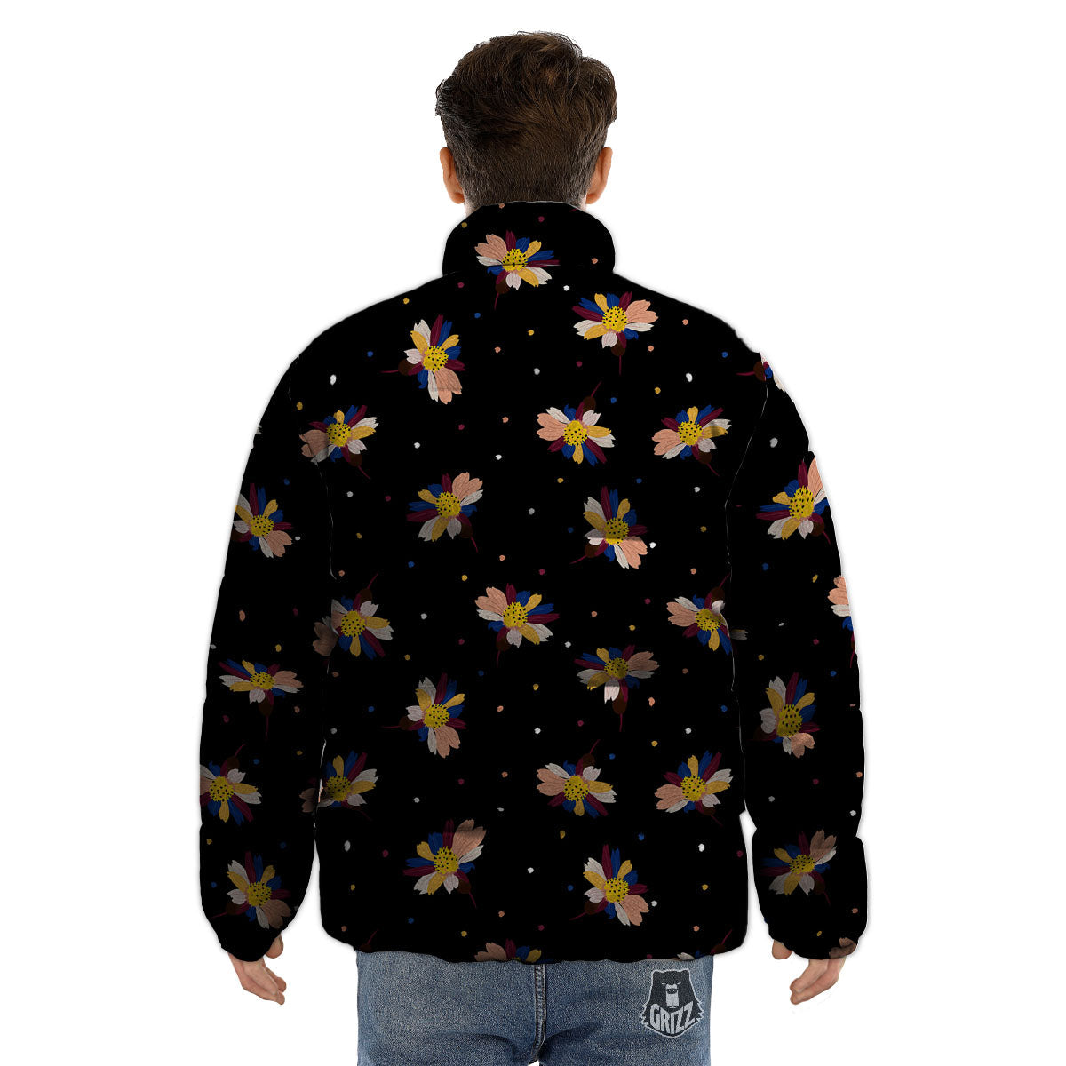 Daisy Floral Polka Dot Print Pattern Puffer Jacket-grizzshop