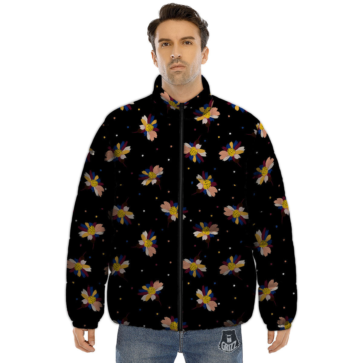 Daisy Floral Polka Dot Print Pattern Puffer Jacket-grizzshop