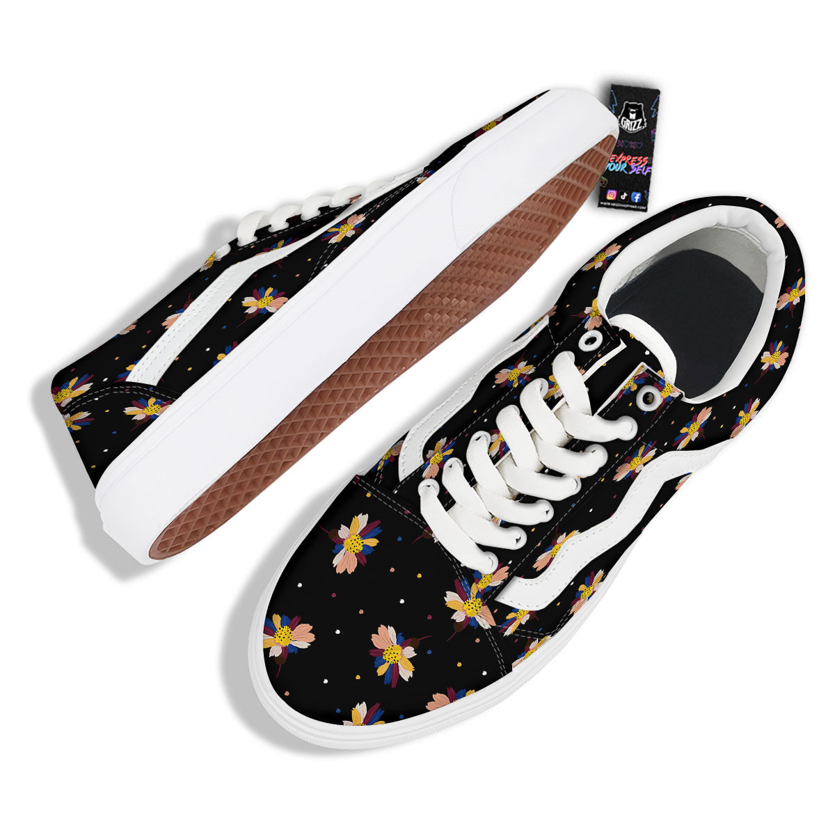 Daisy Floral Polka Dot Print Pattern Skate Shoes-grizzshop
