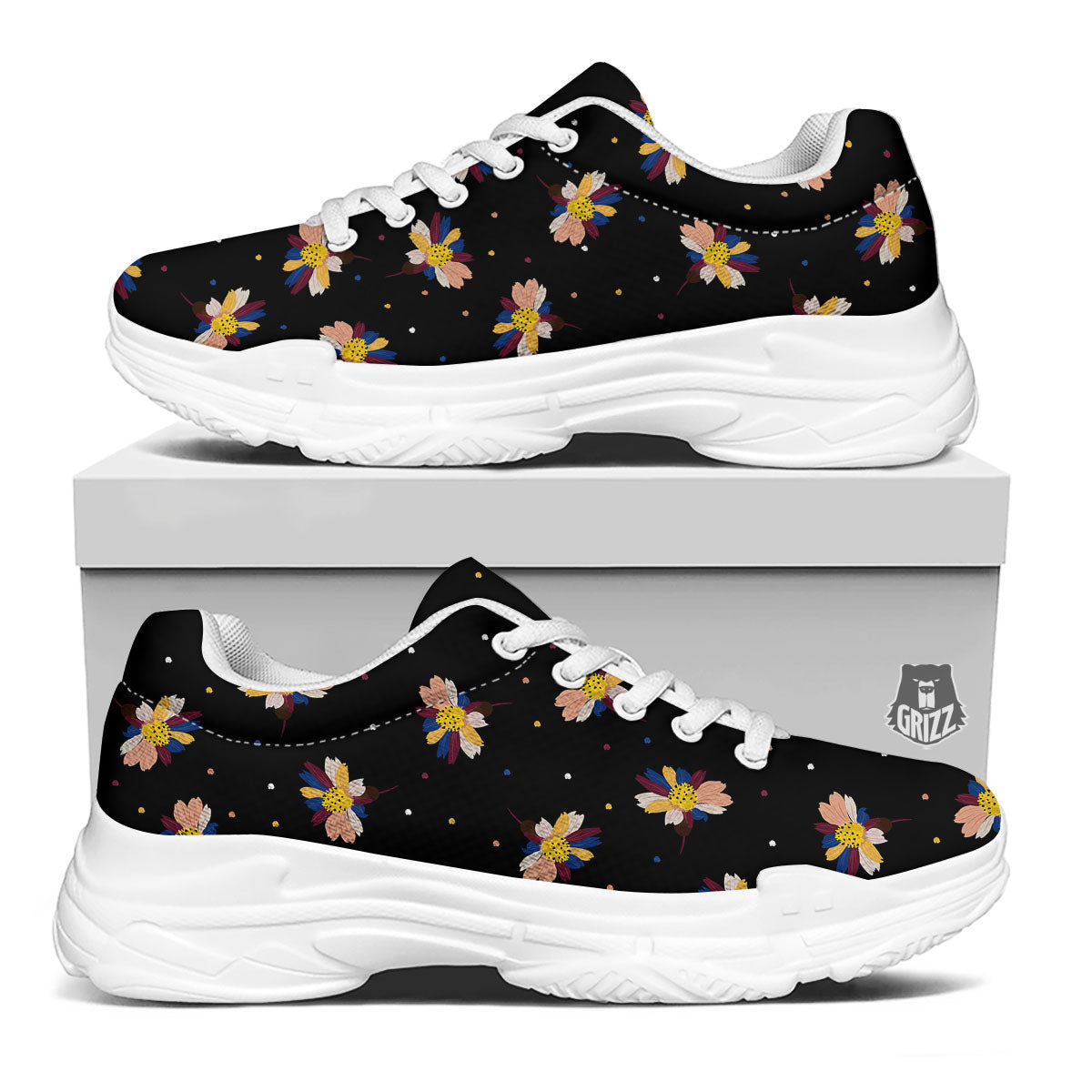 Daisy Floral Polka Dot Print Pattern White Chunky Shoes-grizzshop