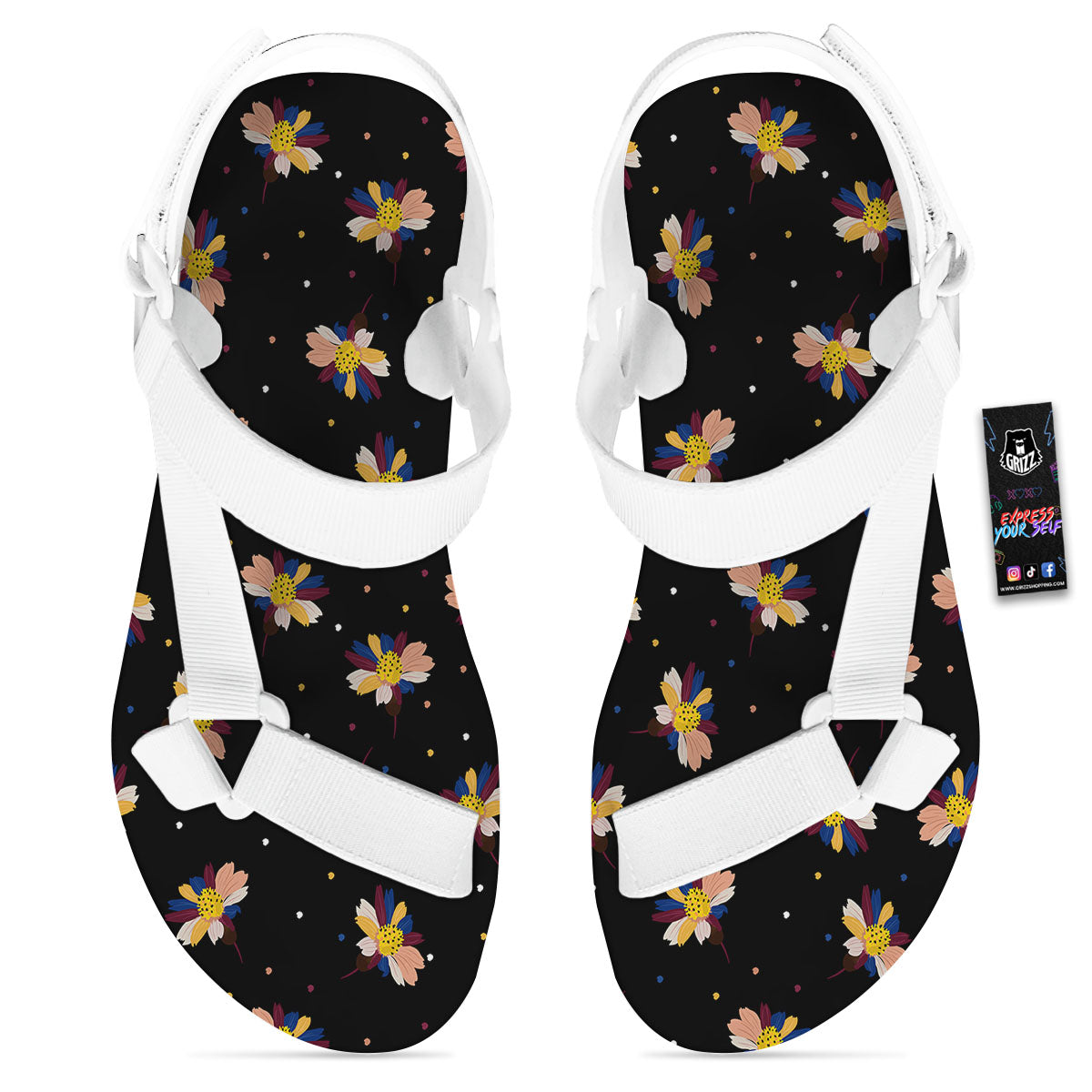 Daisy Floral Polka Dot Print Pattern White Open Toe Sandals-grizzshop