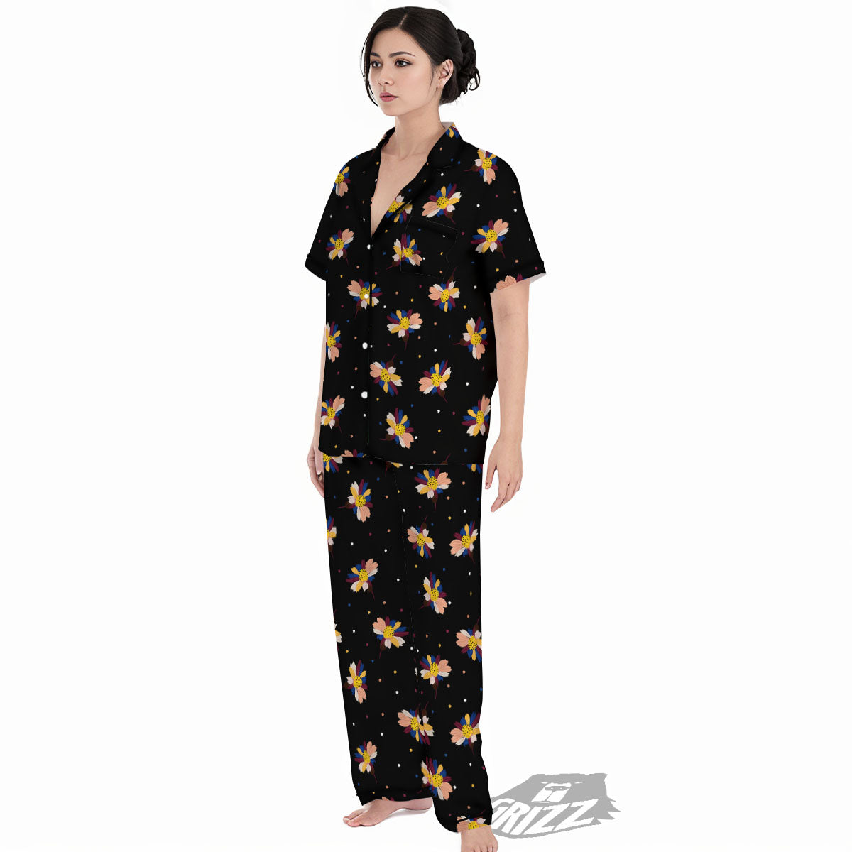 Daisy Floral Polka Dot Print Pattern Women's Pajamas Set-grizzshop