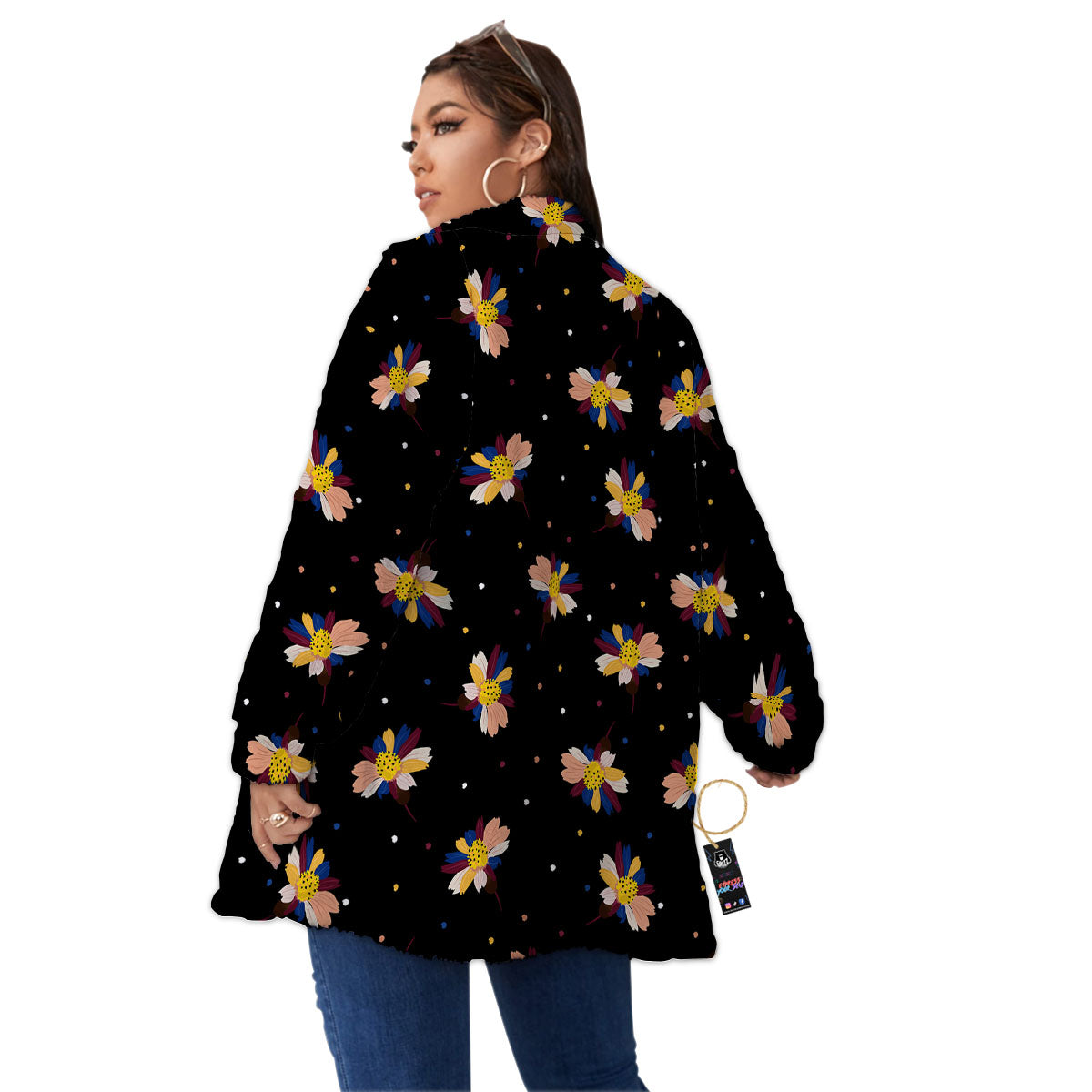 Daisy Floral Polka Dot Print Pattern Women's Sherpa Jacket-grizzshop
