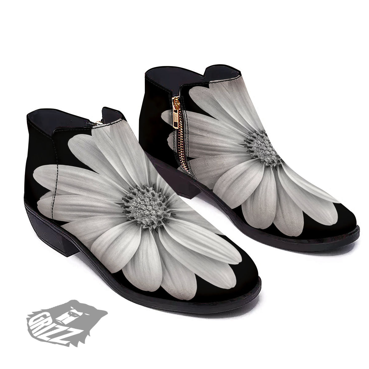 Daisy Flower Monochrome Print Ankle Boots-grizzshop