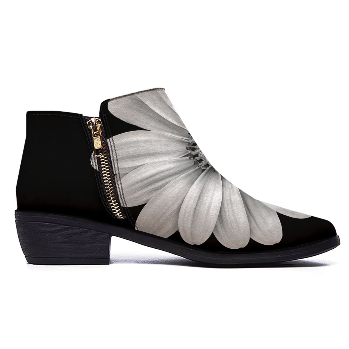 Daisy Flower Monochrome Print Ankle Boots-grizzshop