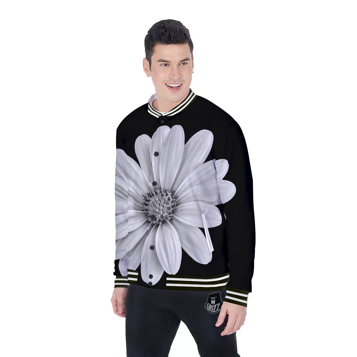 Daisy Flower Monochrome Print Baseball Jacket-grizzshop