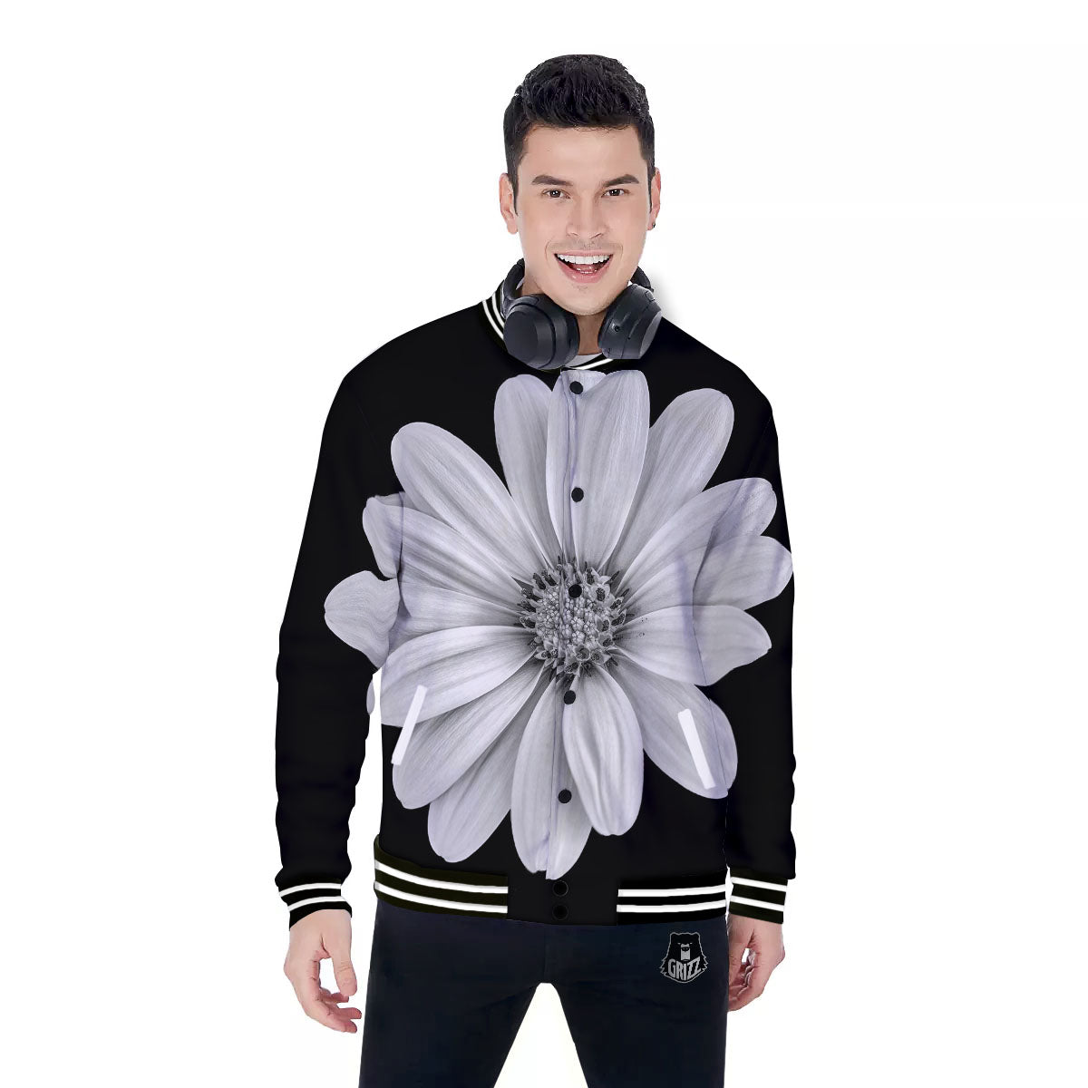 Daisy Flower Monochrome Print Baseball Jacket-grizzshop
