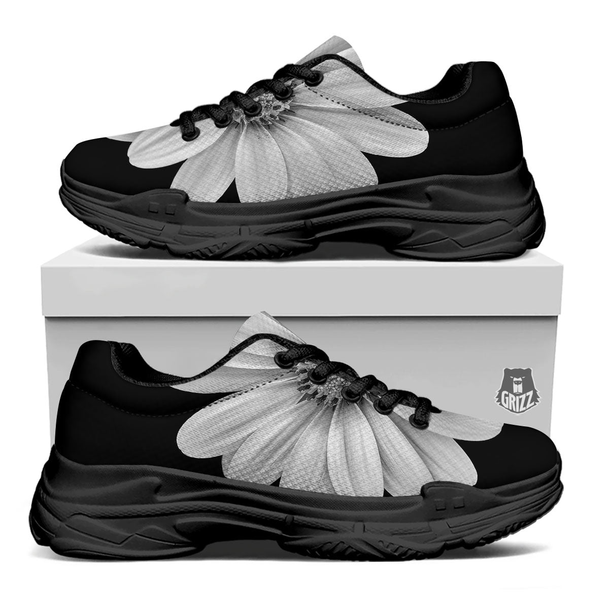 Daisy Flower Monochrome Print Black Chunky Shoes-grizzshop