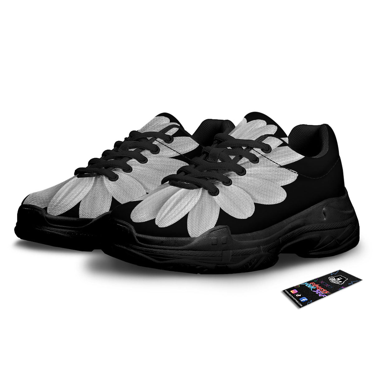 Daisy Flower Monochrome Print Black Chunky Shoes-grizzshop