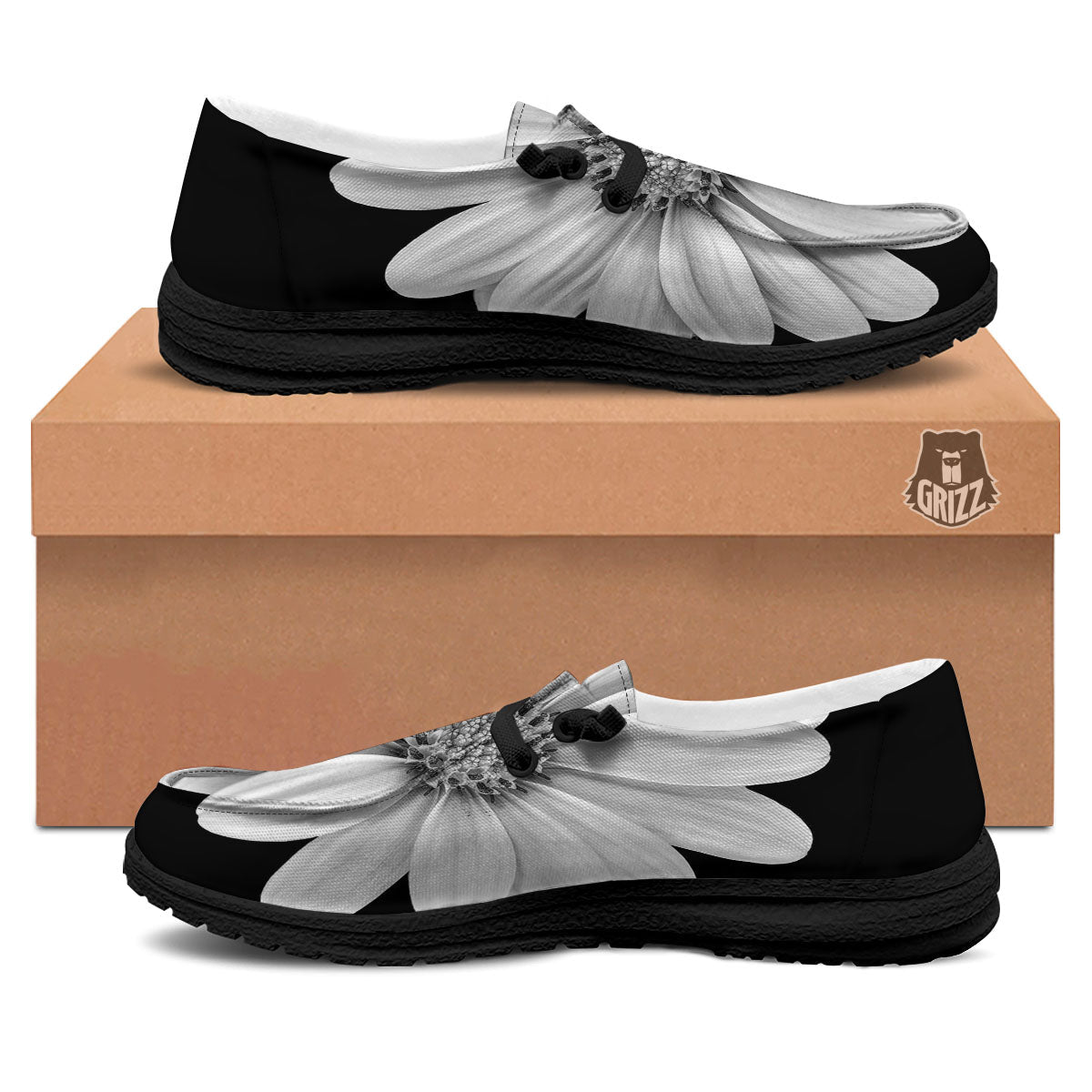 Daisy Flower Monochrome Print Black Loafers-grizzshop